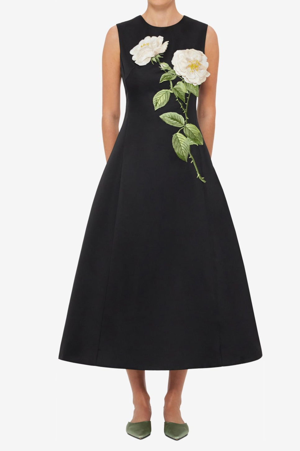 KATE FLORAL MIDI DRESS, BLACK SLEEVELESS EMBELLISHED