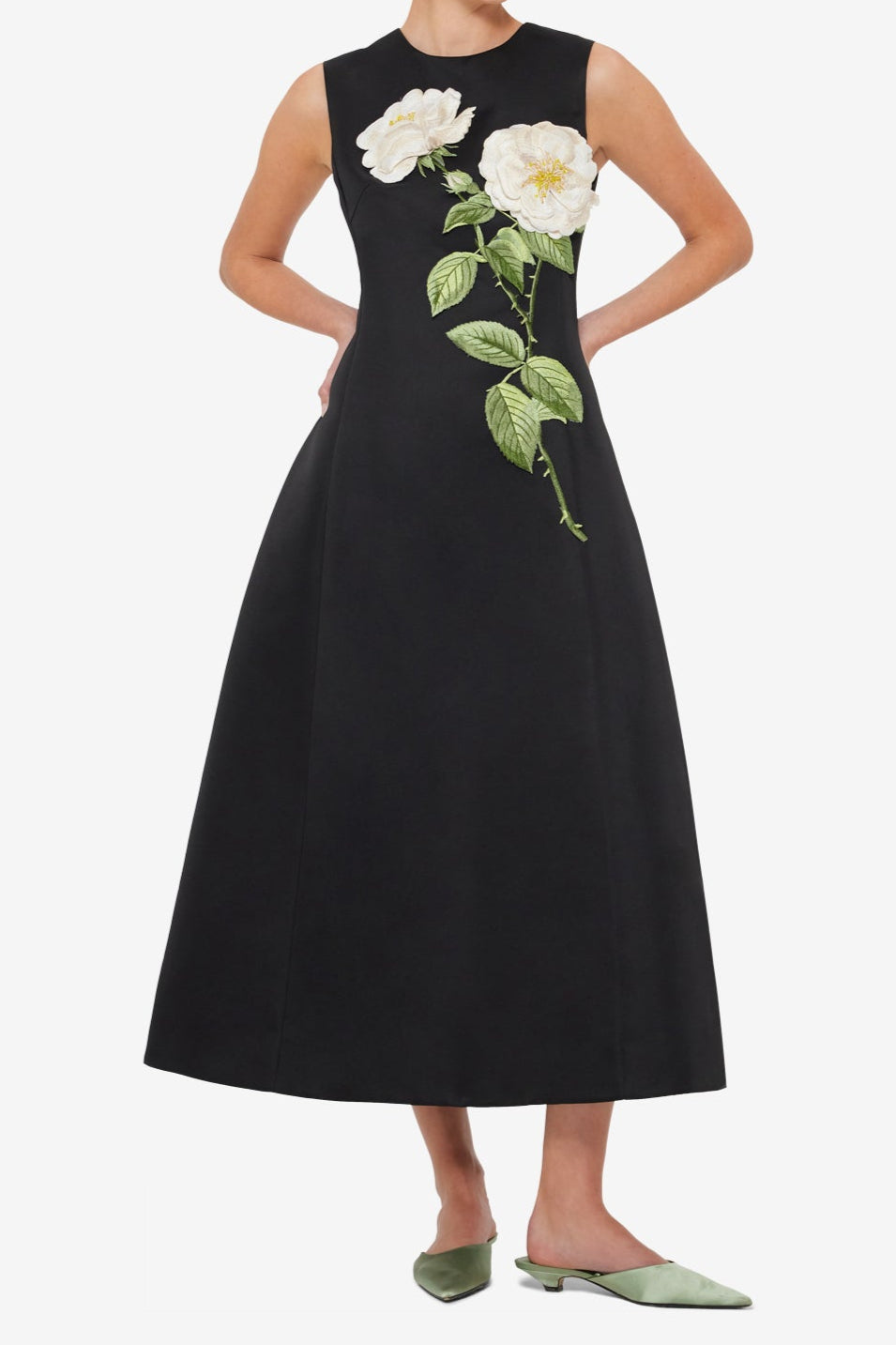 KATE FLORAL MIDI DRESS, BLACK SLEEVELESS EMBELLISHED