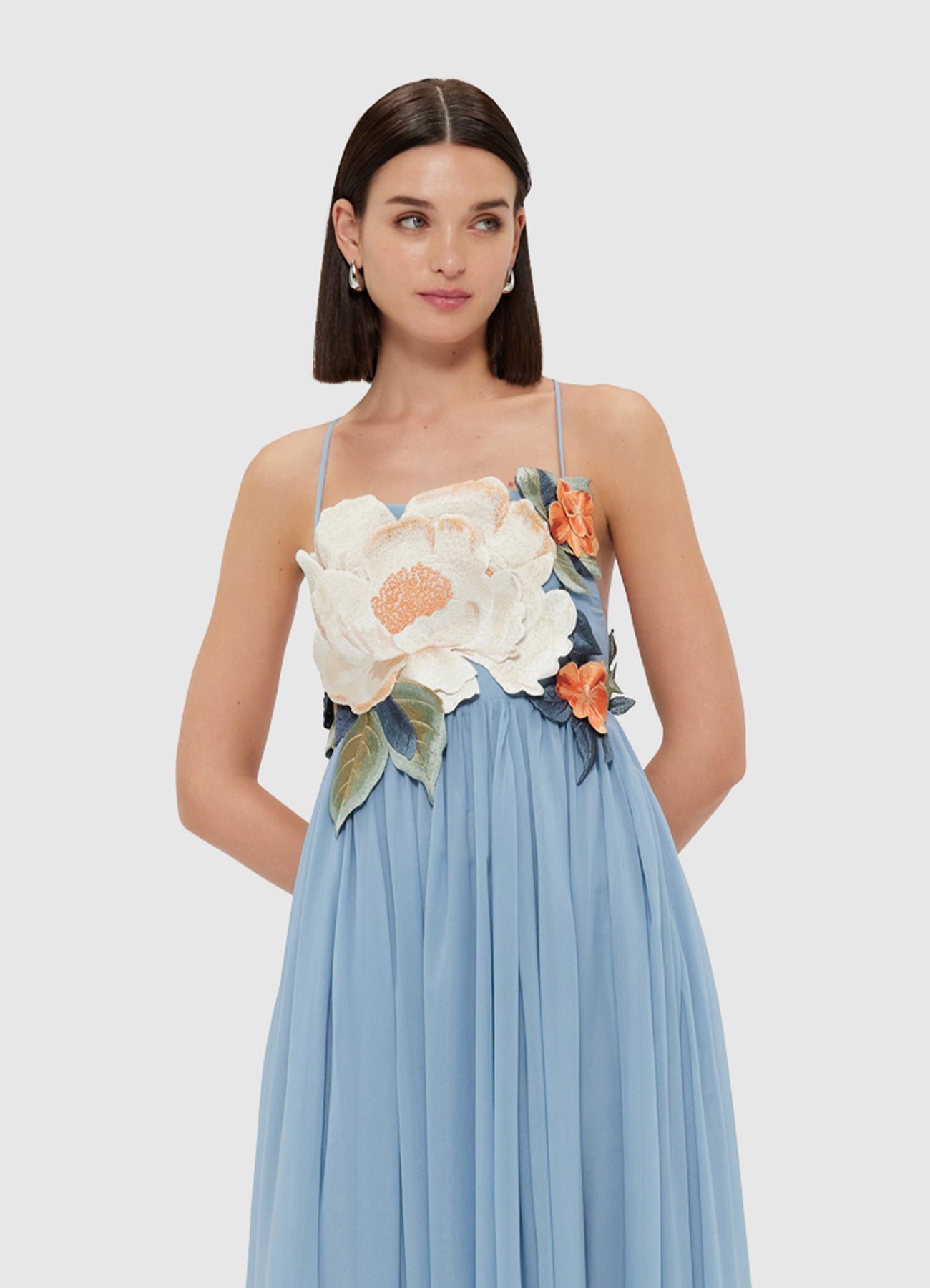 FLORAL APPLIQUÉ MAXI DRESS IN POWDER BLUE
