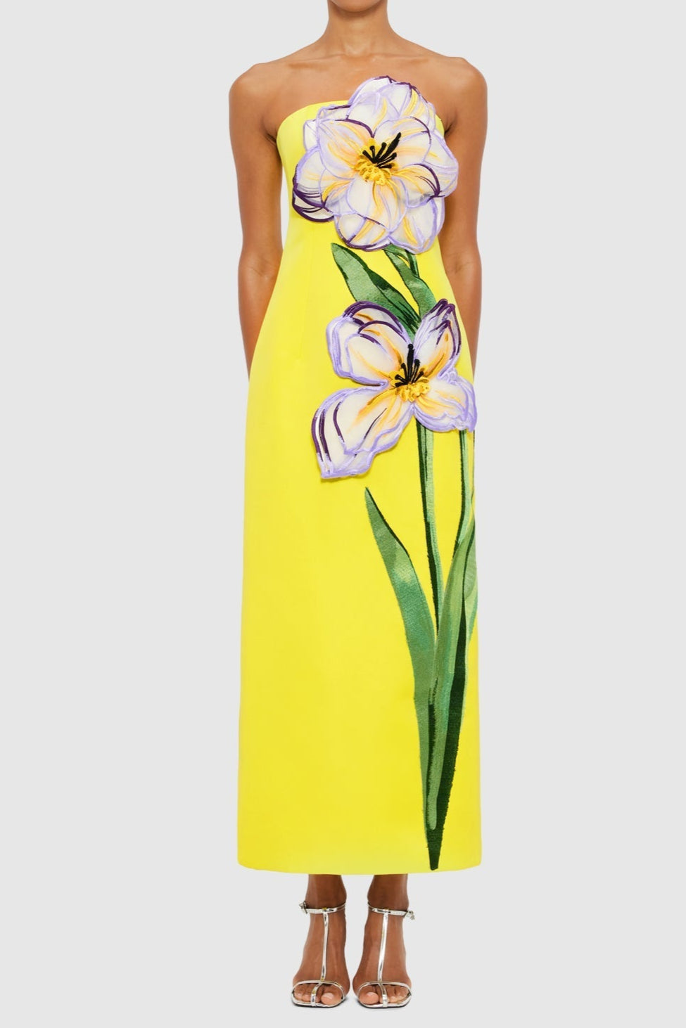 YELLOW APPLIQUÉ FLORAL BUSTIER MAXI DRESS