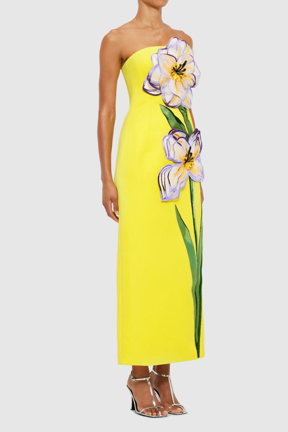 YELLOW APPLIQUÉ FLORAL BUSTIER MAXI DRESS