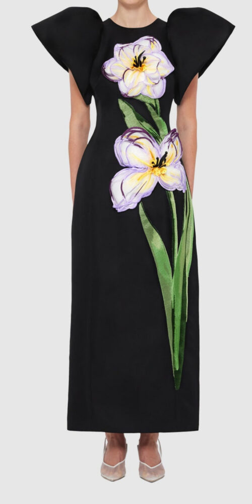 Iris Print Appliqué Floral Maxi Dress in Ebony