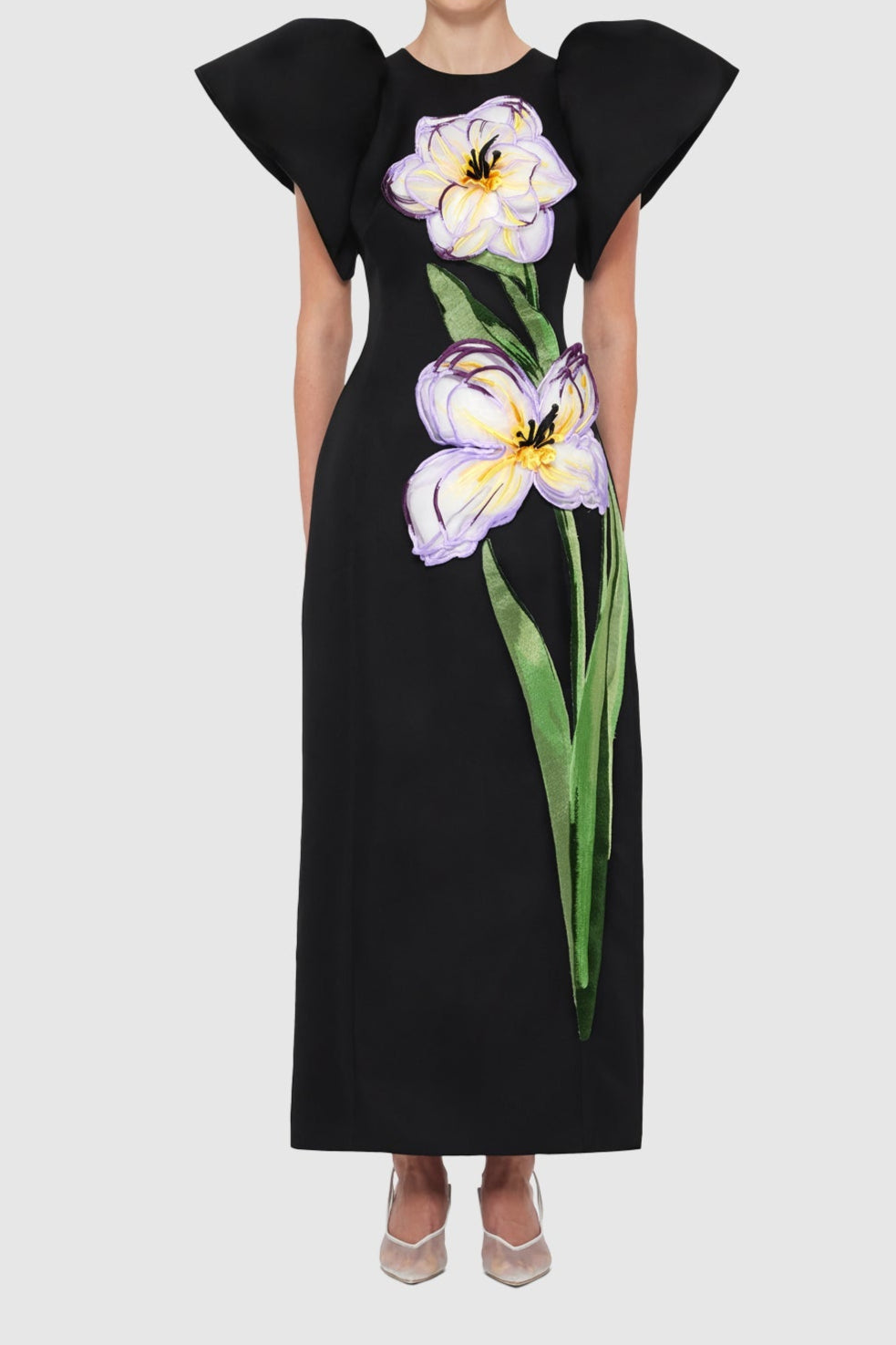 LLSS25102_LucindaAppliqueFloralMaxiDress-IrisPrintinEbony_1 IRIS PRINT APPLIQUÉ FLORAL MAXI DRESS, EBONY, BOHEMIAN WEDDING
