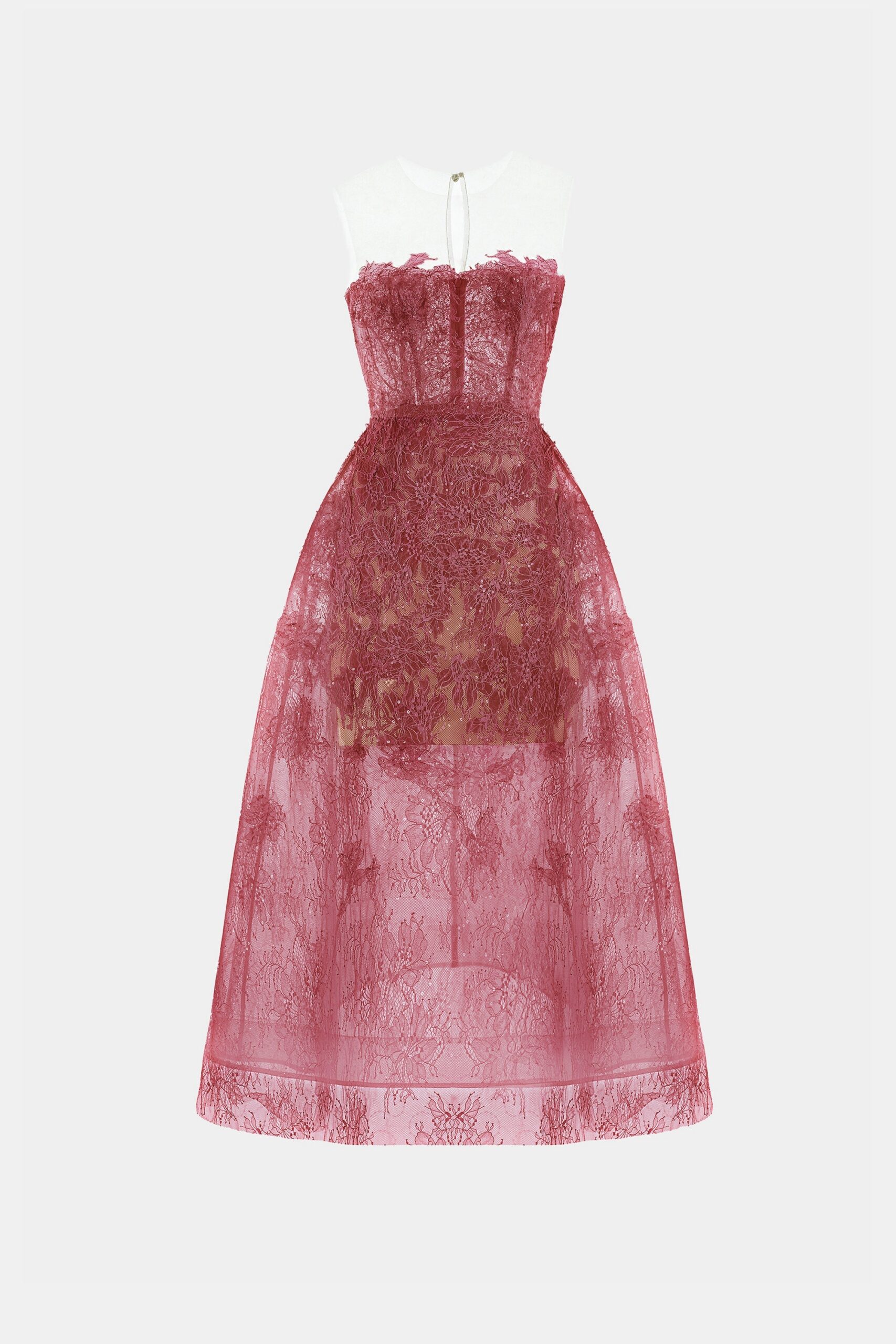 RED BEADED LACE COCKTAIL DRESS