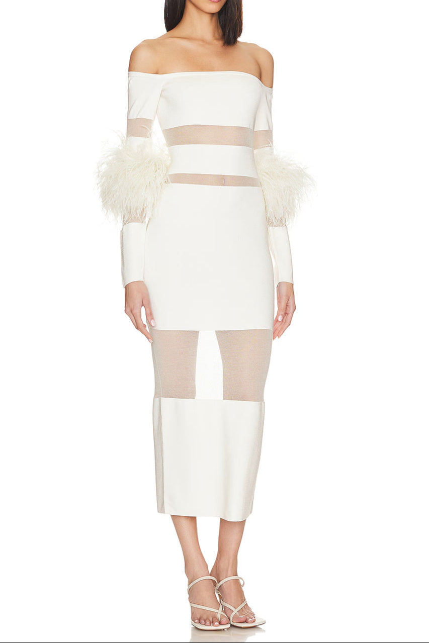 OFF SHOULDER FEATHER MESH MIDI BANDAGE DRESS WHITE