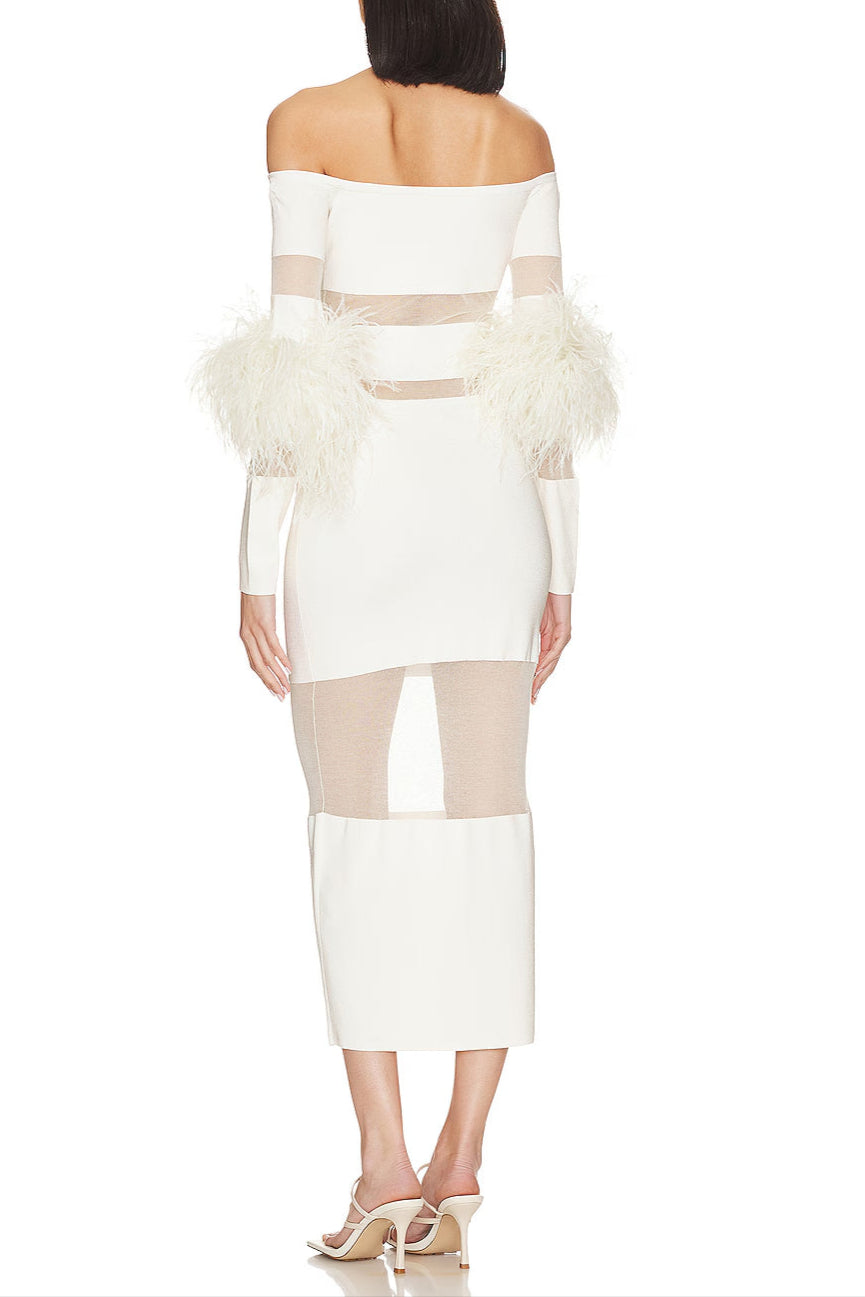 OFF SHOULDER FEATHER MESH MIDI BANDAGE DRESS WHITE