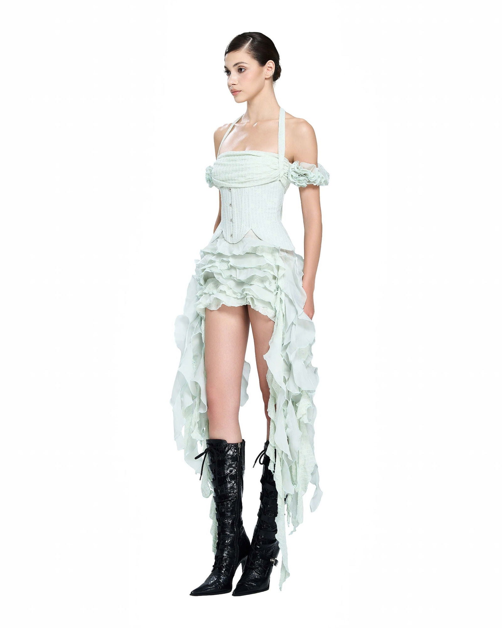 BAHA RUCH RUFFLE FRINGE MINT MINI DRESS
