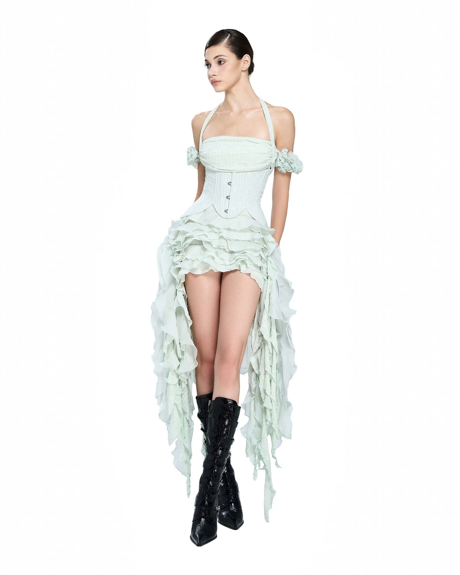 BAHA RUCH RUFFLE FRINGE MINT MINI DRESS
