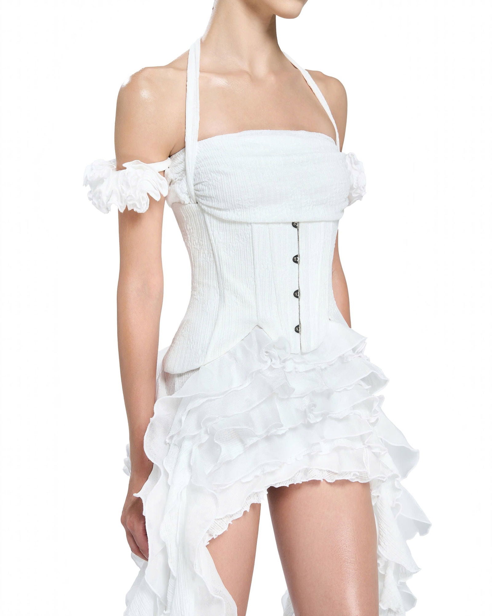 BAHA RUCH RUFFLE FRINGE WHITE MINI DRESS