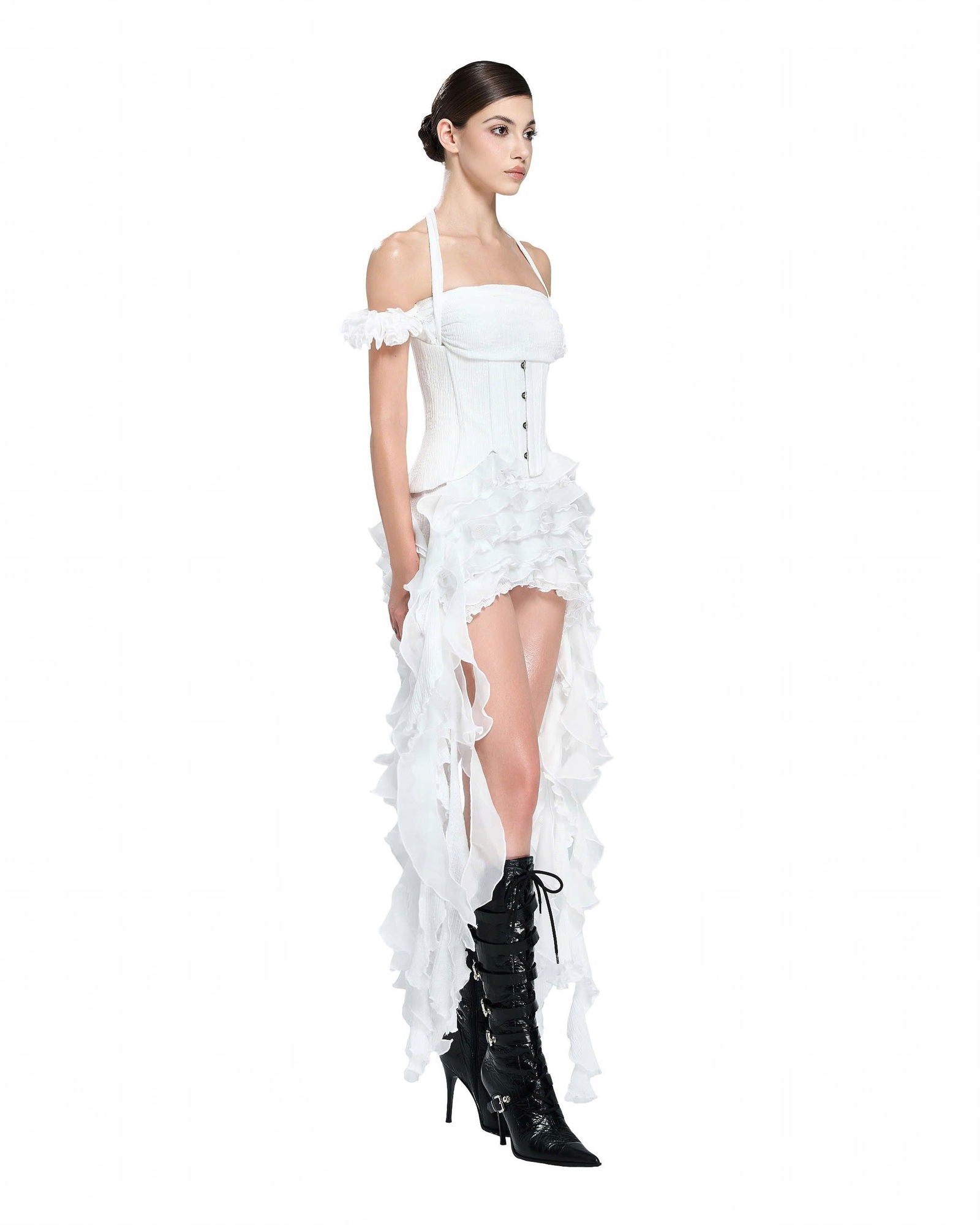 BAHA RUCH RUFFLE FRINGE WHITE MINI DRESS