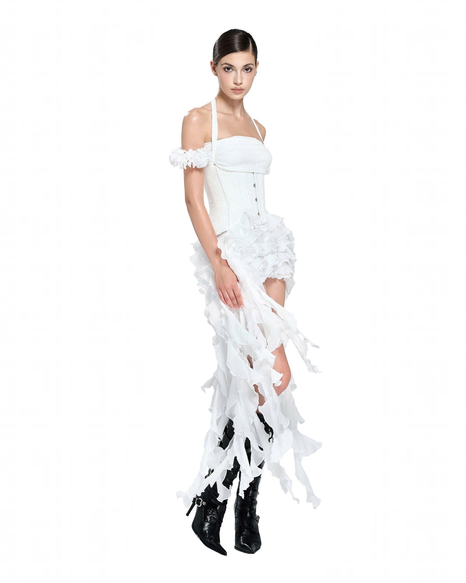 BAHA RUCH RUFFLE FRINGE WHITE MINI DRESS