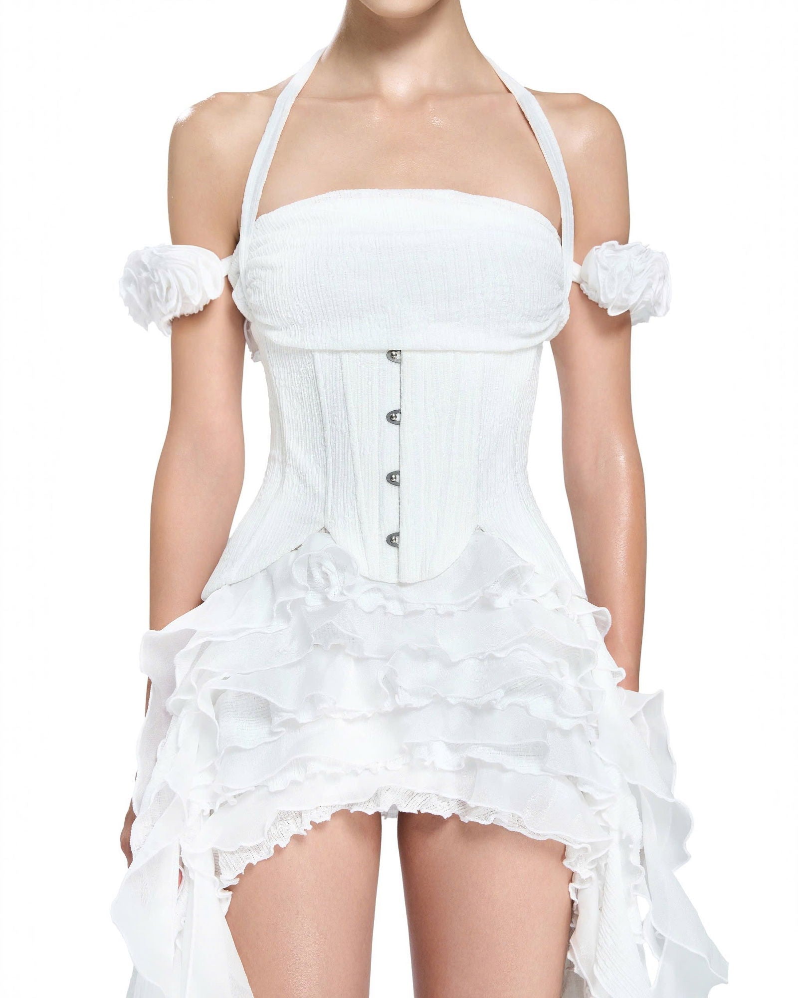 BAHA RUCH RUFFLE FRINGE WHITE MINI DRESS