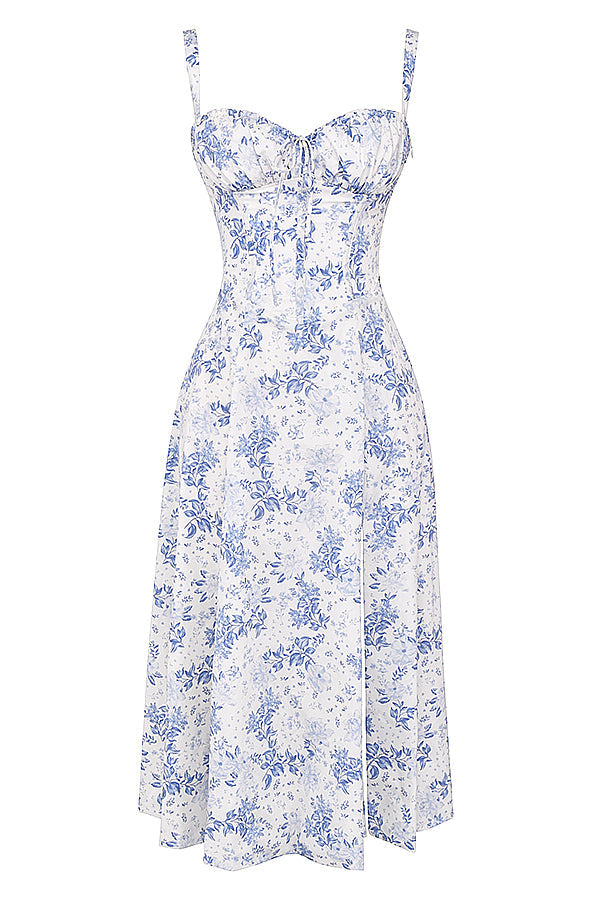 LOUISAFLORALBLUE5 LOUISA BUSTIER MIDI DRESS FOR WEDDING GUEST
