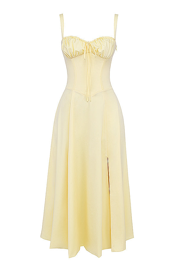 LOUISASUNNYYELLOW5 LOUISA BUSTIER MIDI DRESS FOR WEDDING GUEST