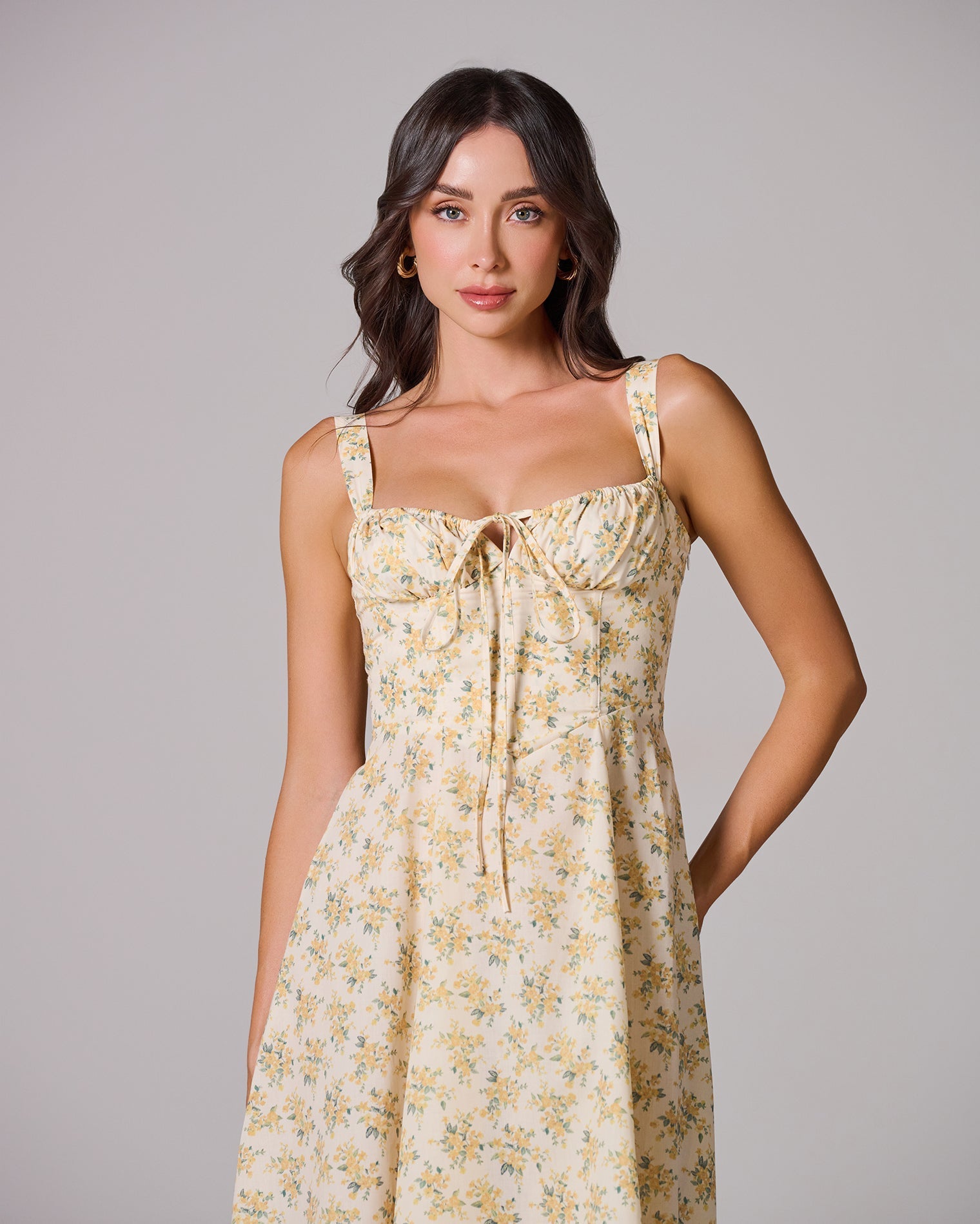 LOUISA_FLORAL_YELLOW_1 LOUISA BUSTIER MIDI DRESS FOR WEDDING GUEST