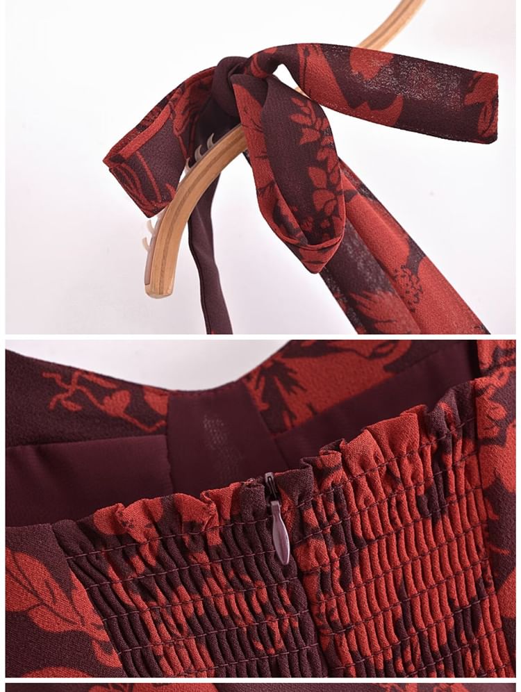 FLORAL BOWKNOT MIDI DRESS IN BURGUNDY