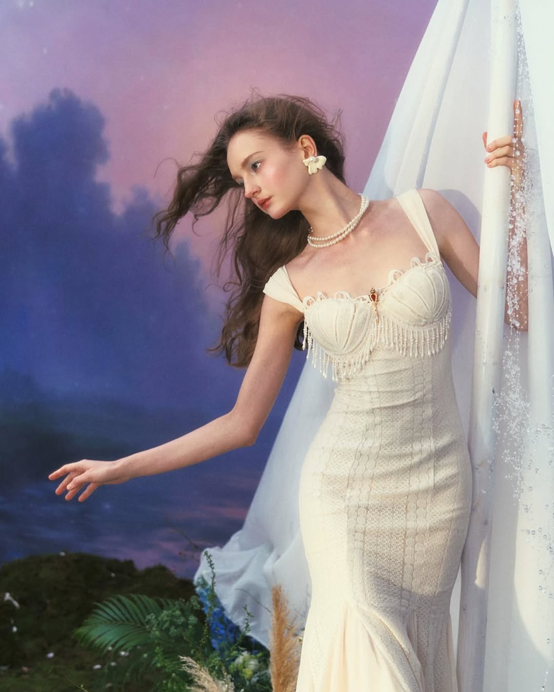 ATALANTA EMBELLISHED FLARED MIDI DRESS CREAM WHITE