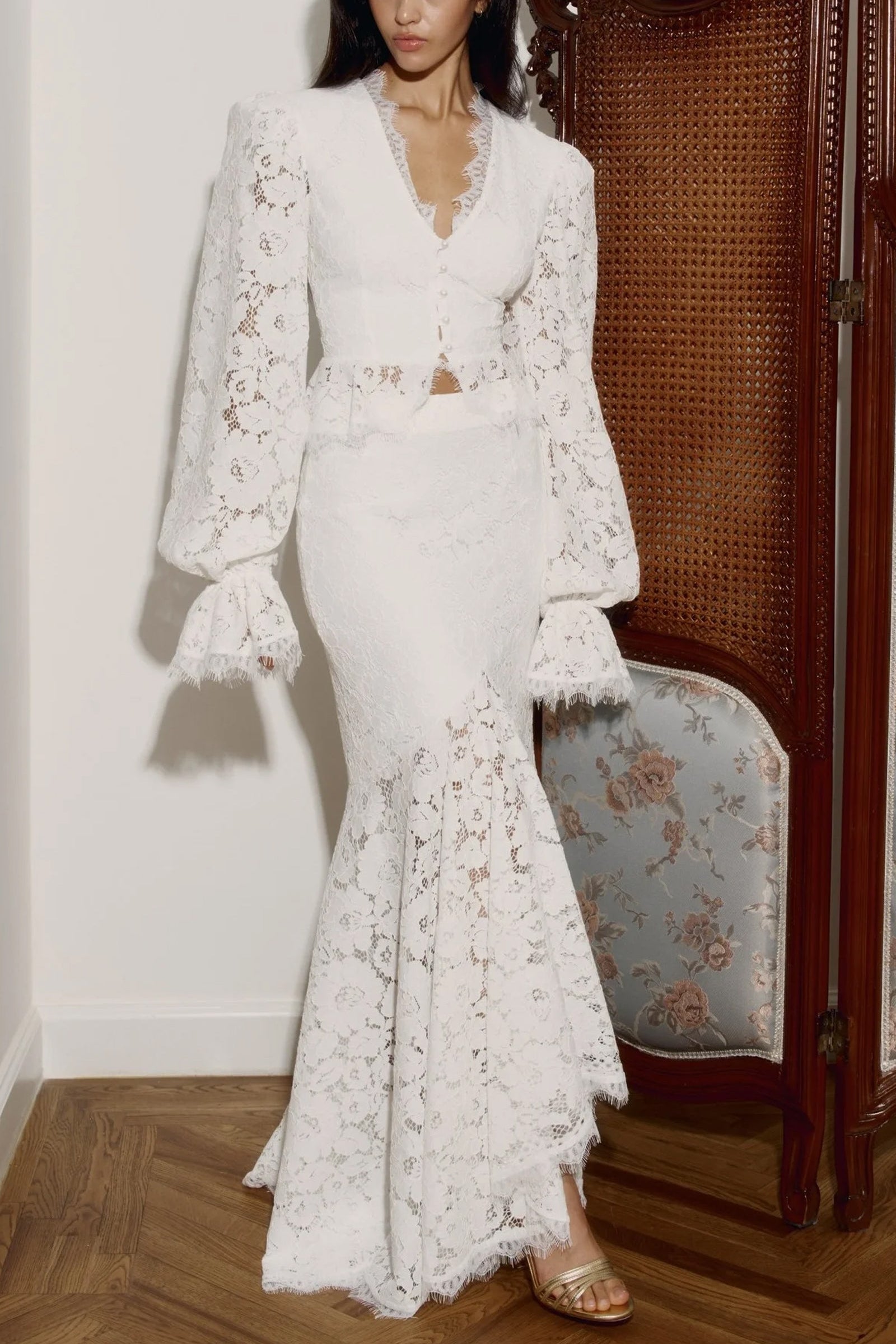 LaceTrimmedPuffSleevedTop_FishtailSkirtSet LACE PUFF SLEEVE TOP & FISHTAIL SKIRT SET IN WHITE