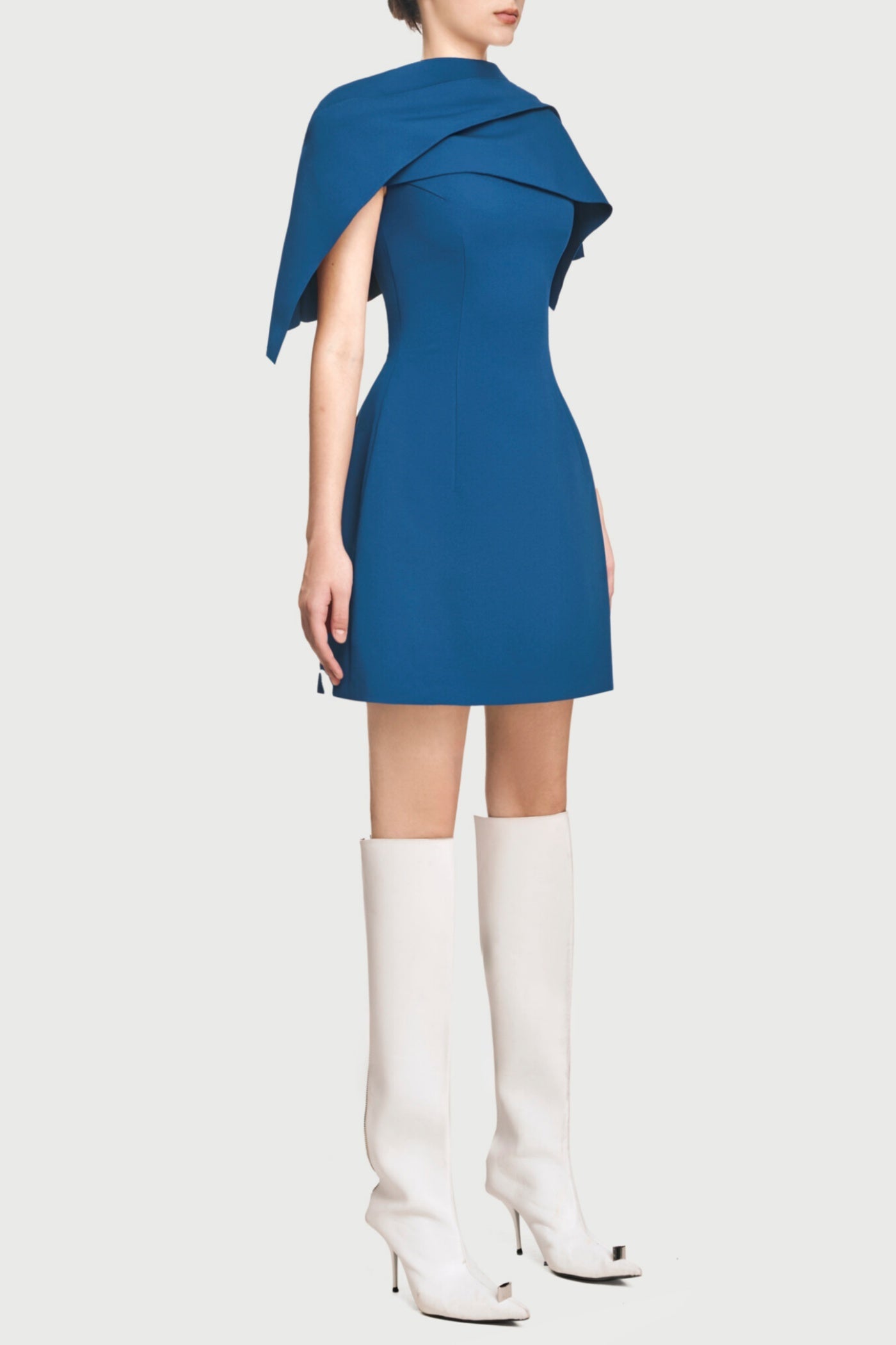ASYMMETRICAL PLEAT MINI DRESS BLUE