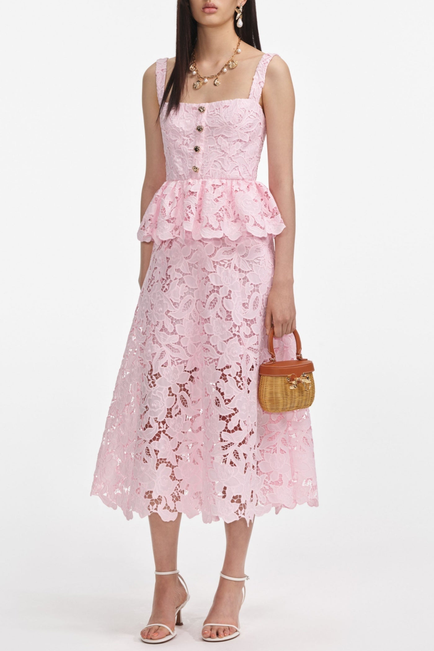 PINK LACE PEPLUM MIDI DRESS FOR WEDDING