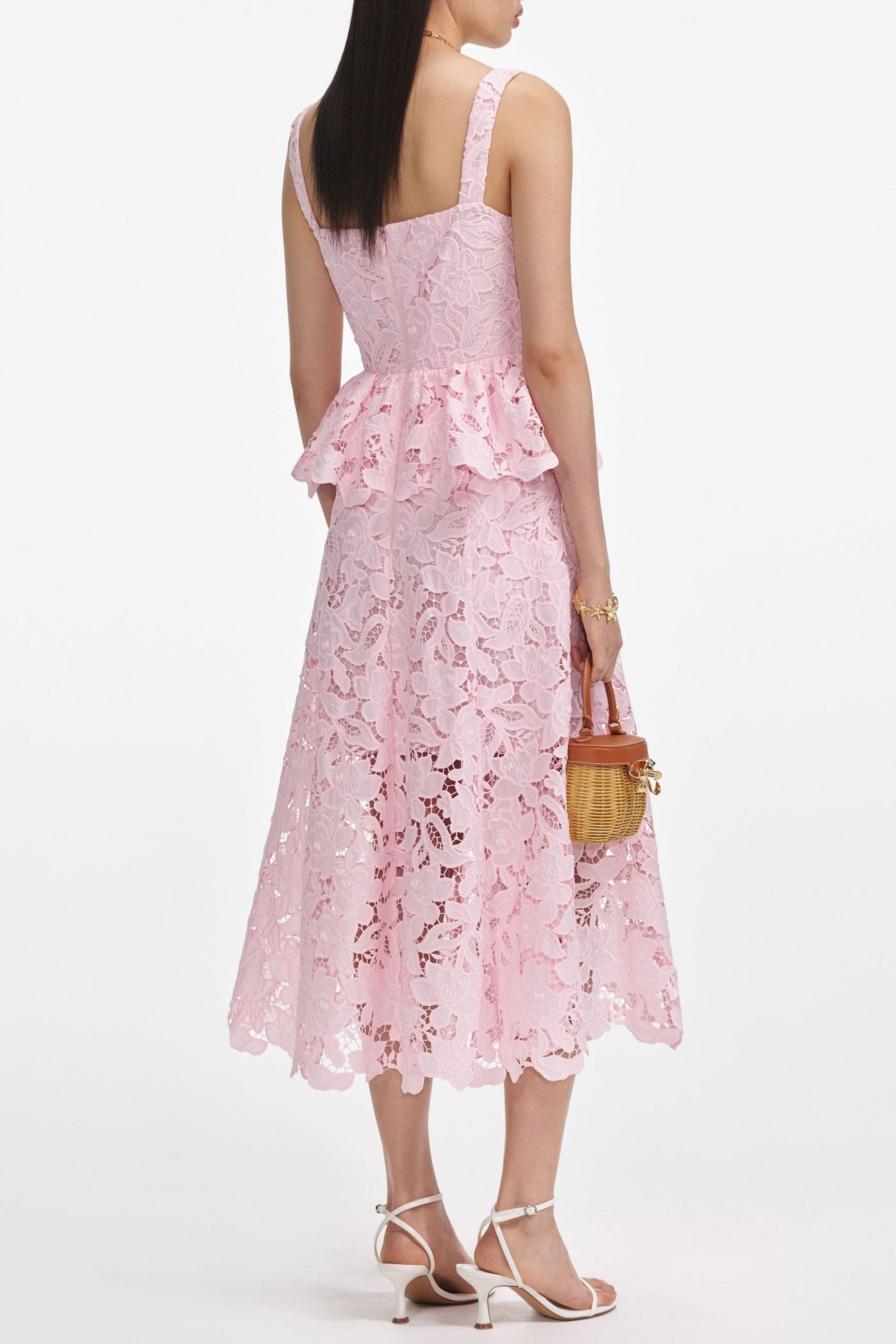 PINK LACE PEPLUM MIDI DRESS FOR WEDDING