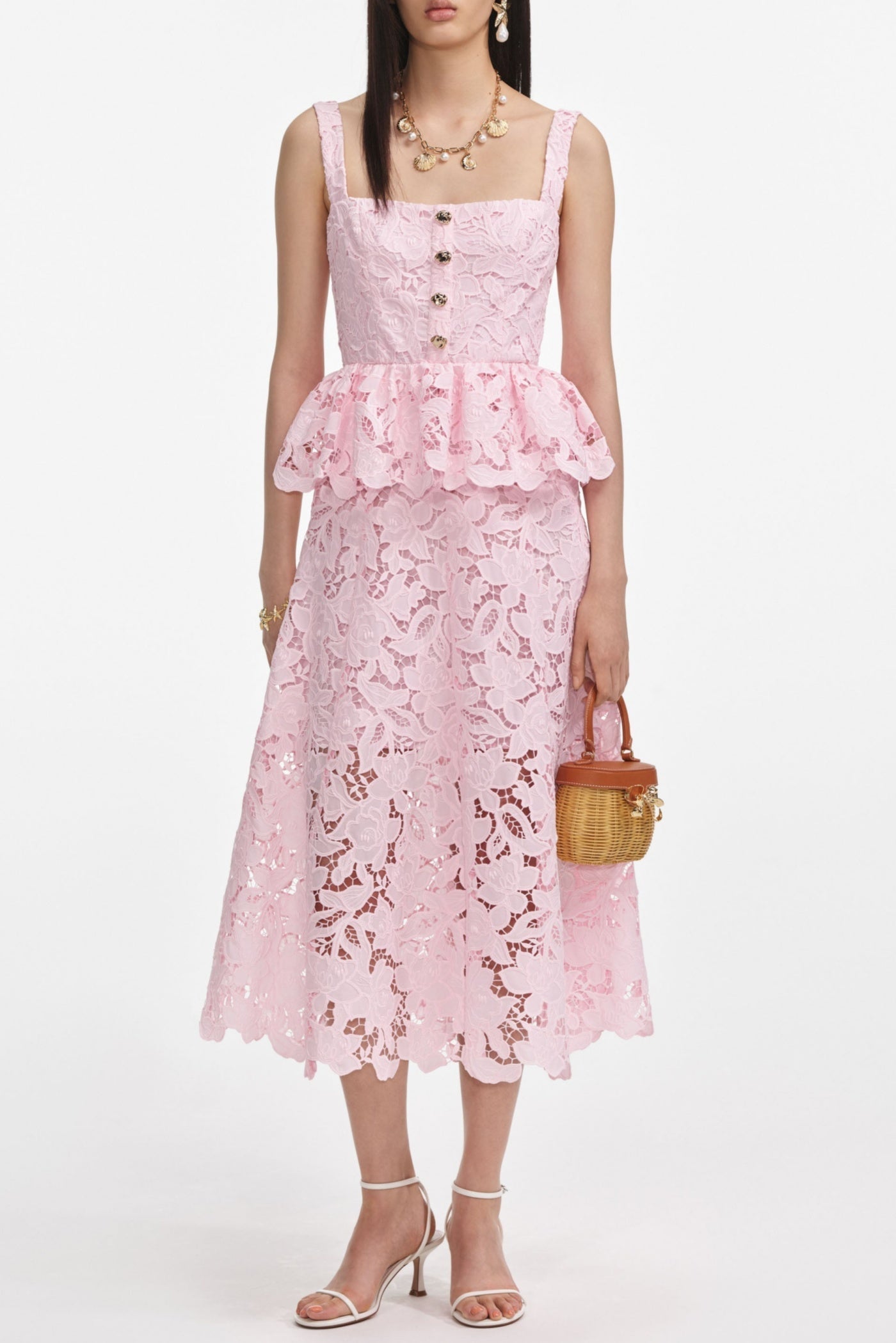 PINK LACE PEPLUM MIDI DRESS FOR WEDDING
