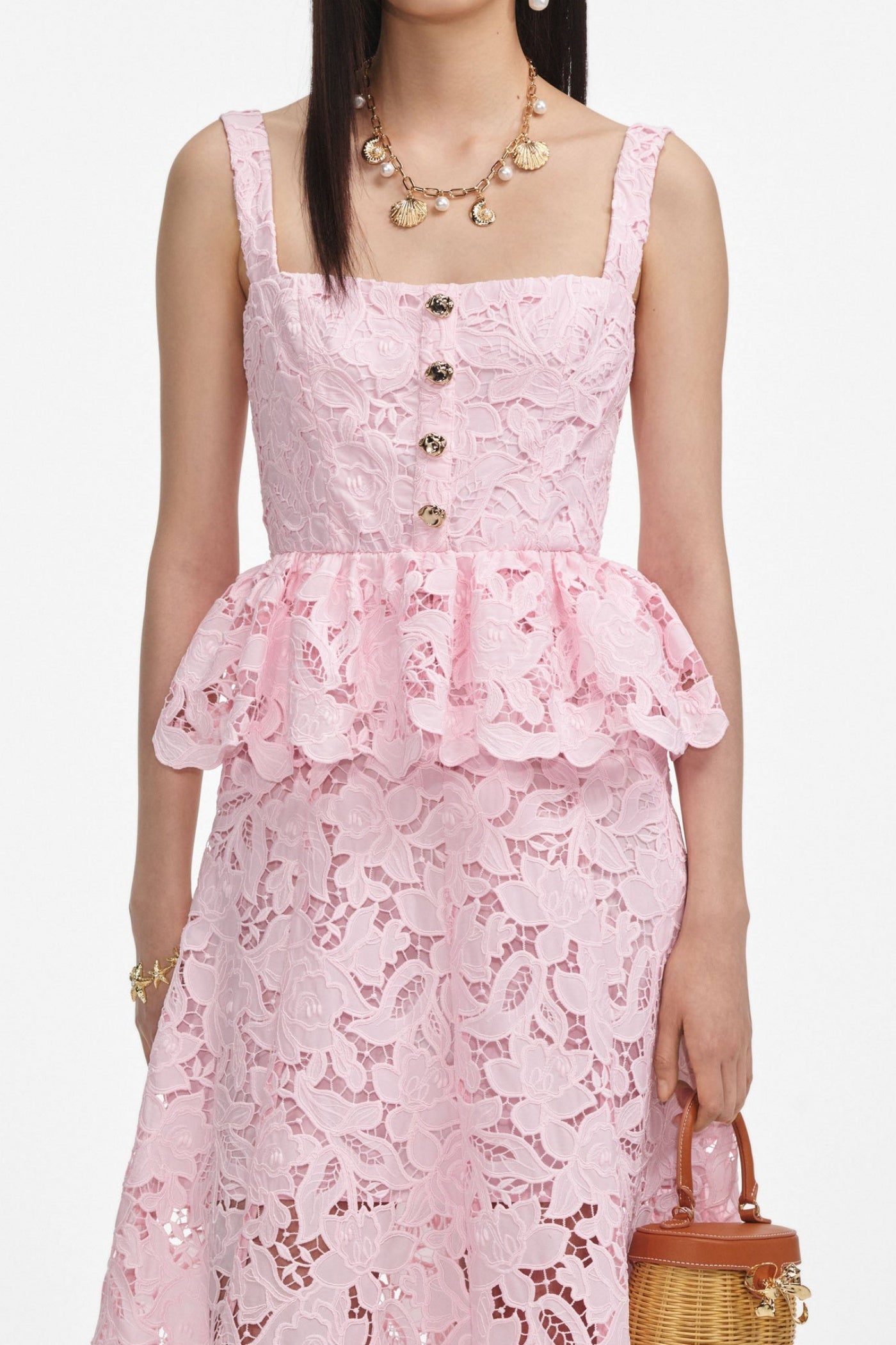 PINK LACE PEPLUM MIDI DRESS FOR WEDDING