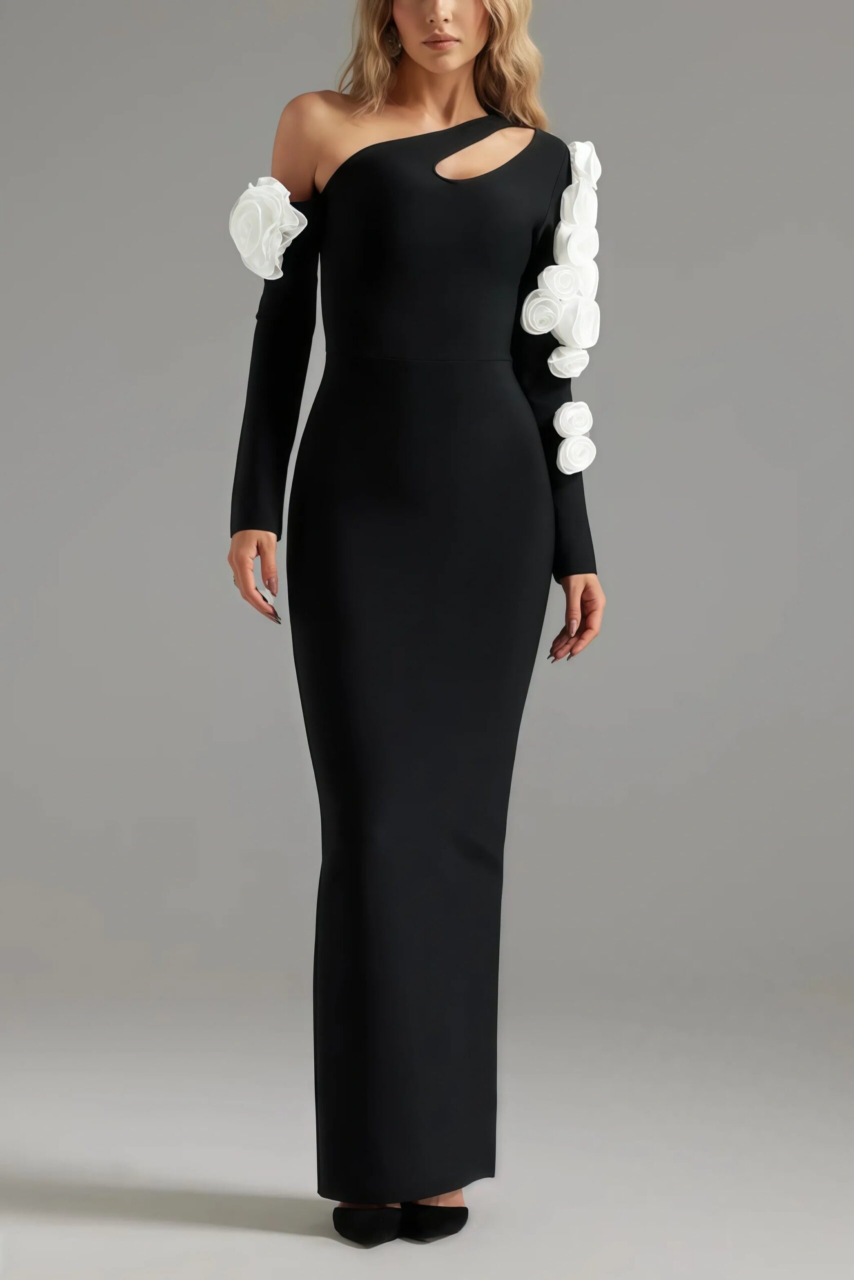 LailaOneShoulderCutoutSlimBandageMaxiDress ONE SHOULDER FLOWER CUTOUT BANDAGE MAXI DRESS