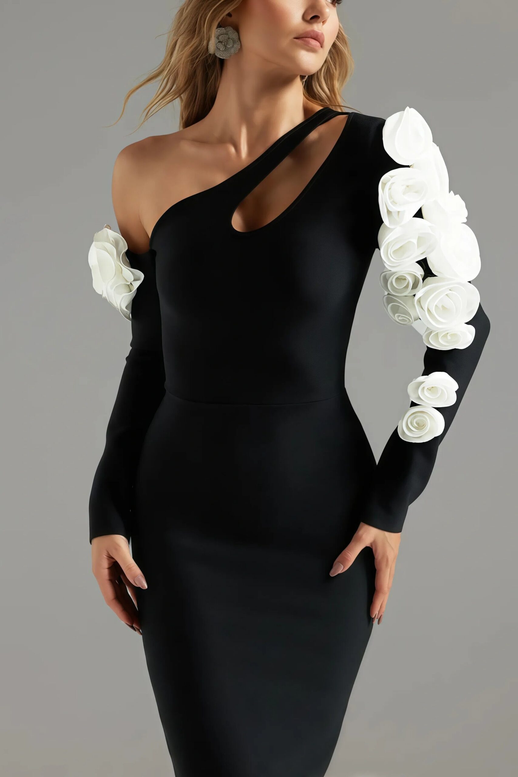 ONE SHOULDER FLOWER CUTOUT BANDAGE MAXI DRESS