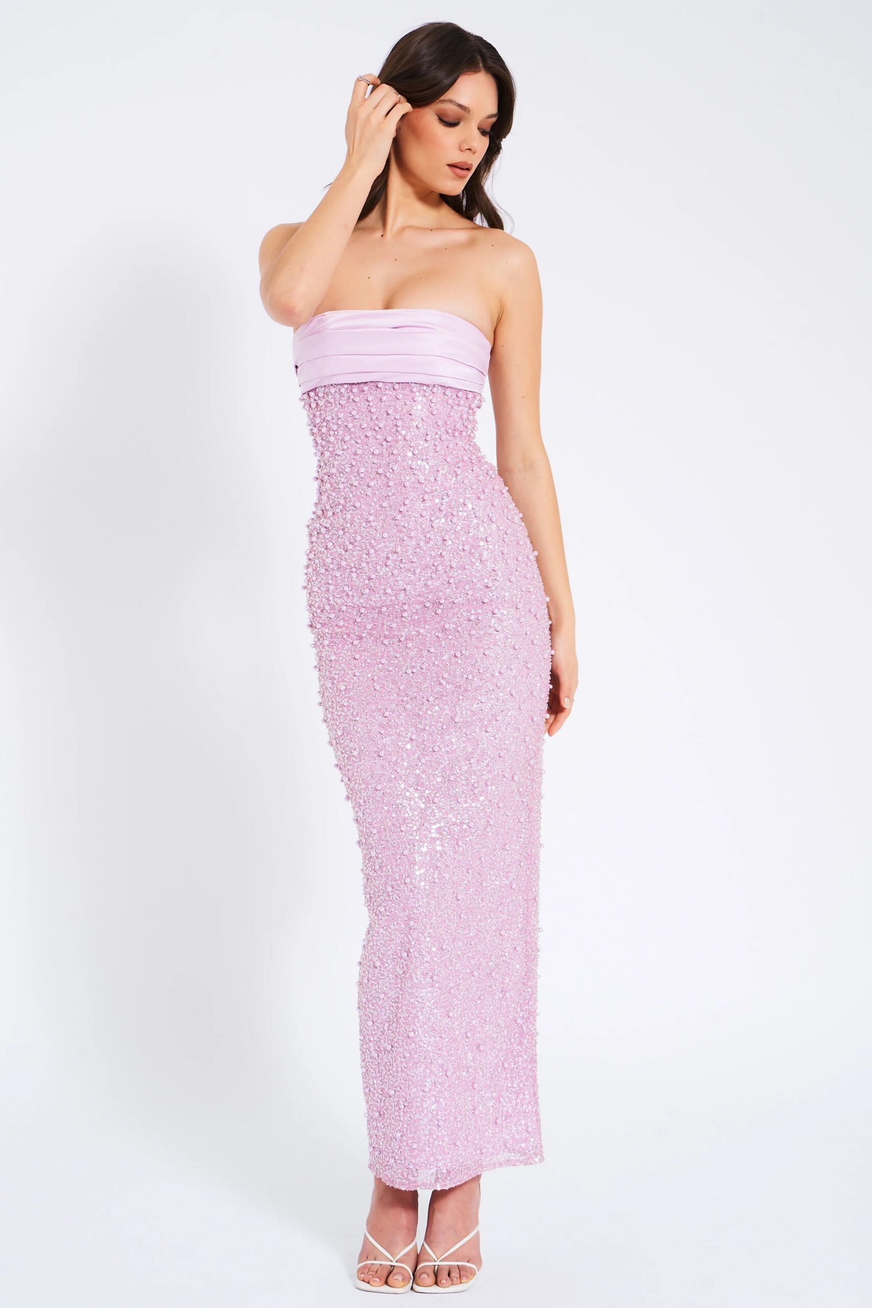 GLITTERING PINK SATIN BEADED MAXI DRESS