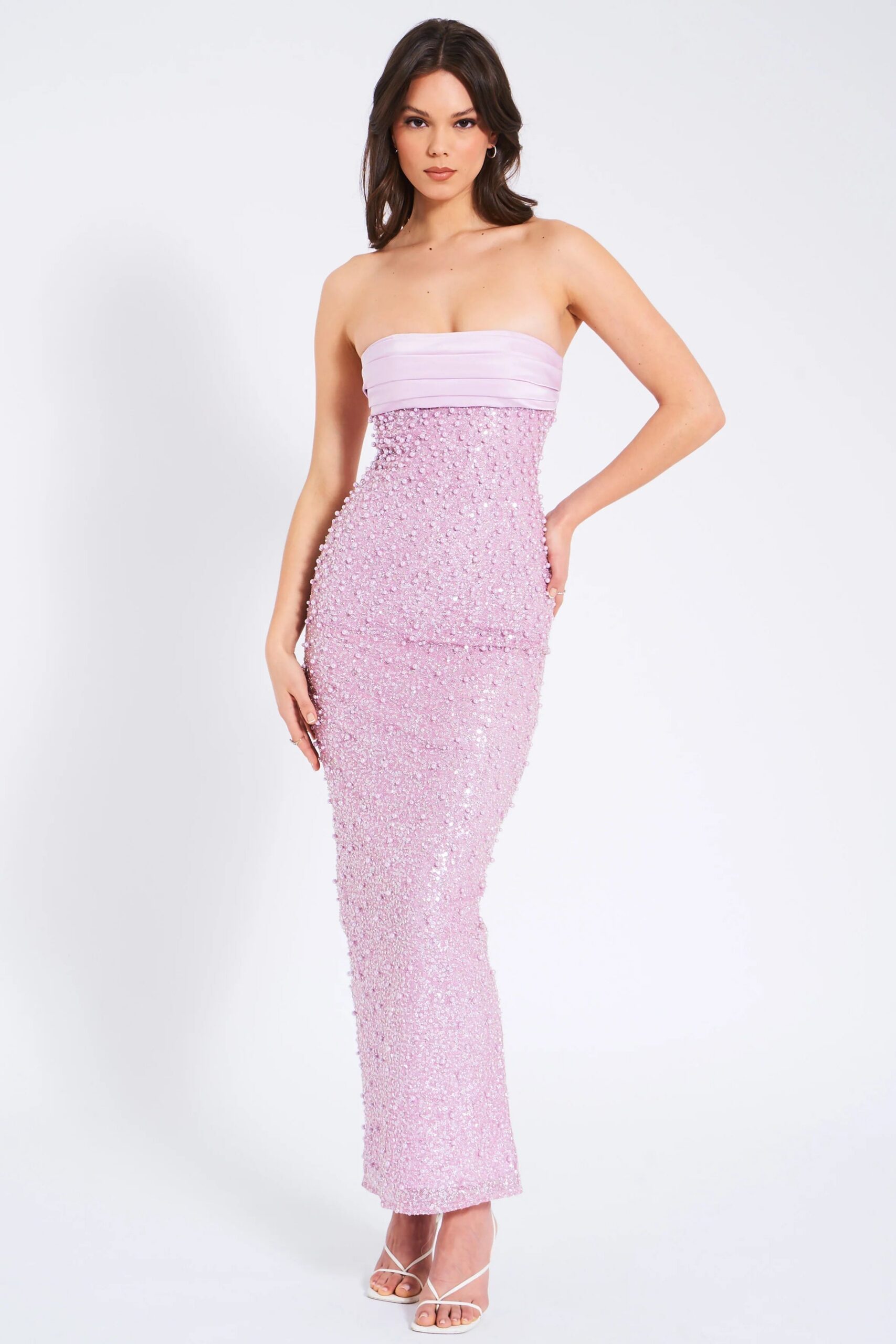 GLITTERING PINK SATIN BEADED MAXI DRESS