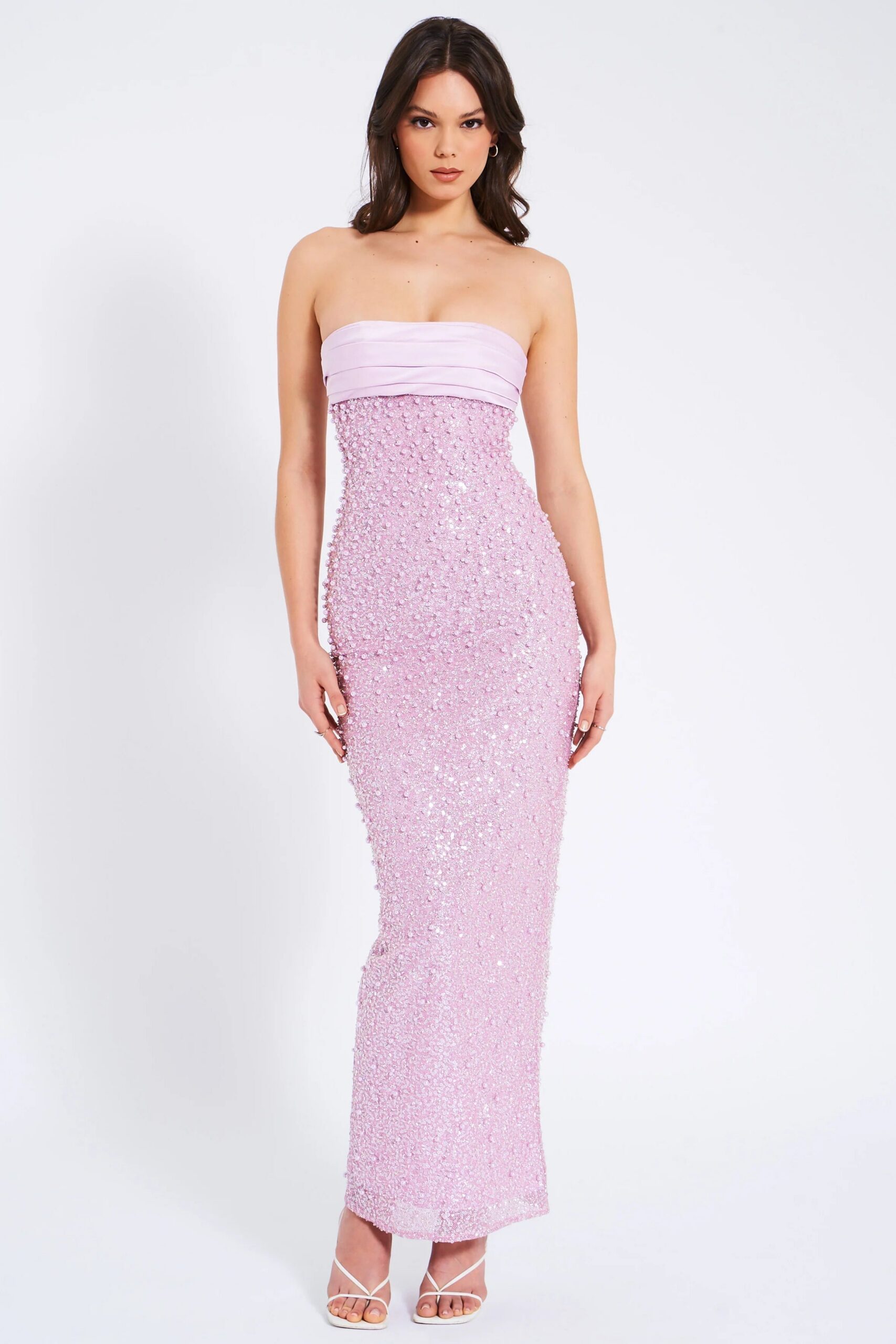GLITTERING PINK SATIN BEADED MAXI DRESS