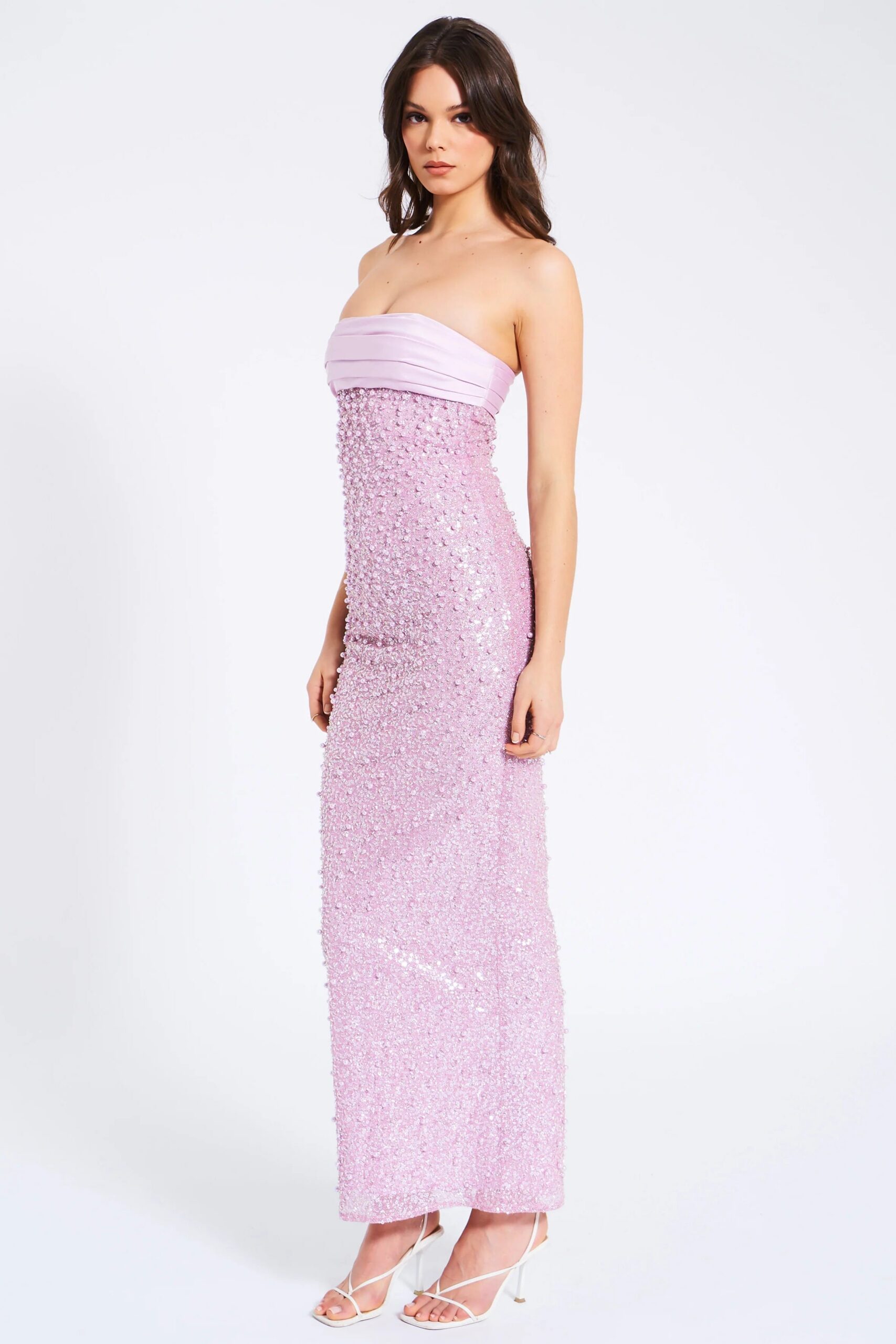 GLITTERING PINK SATIN BEADED MAXI DRESS