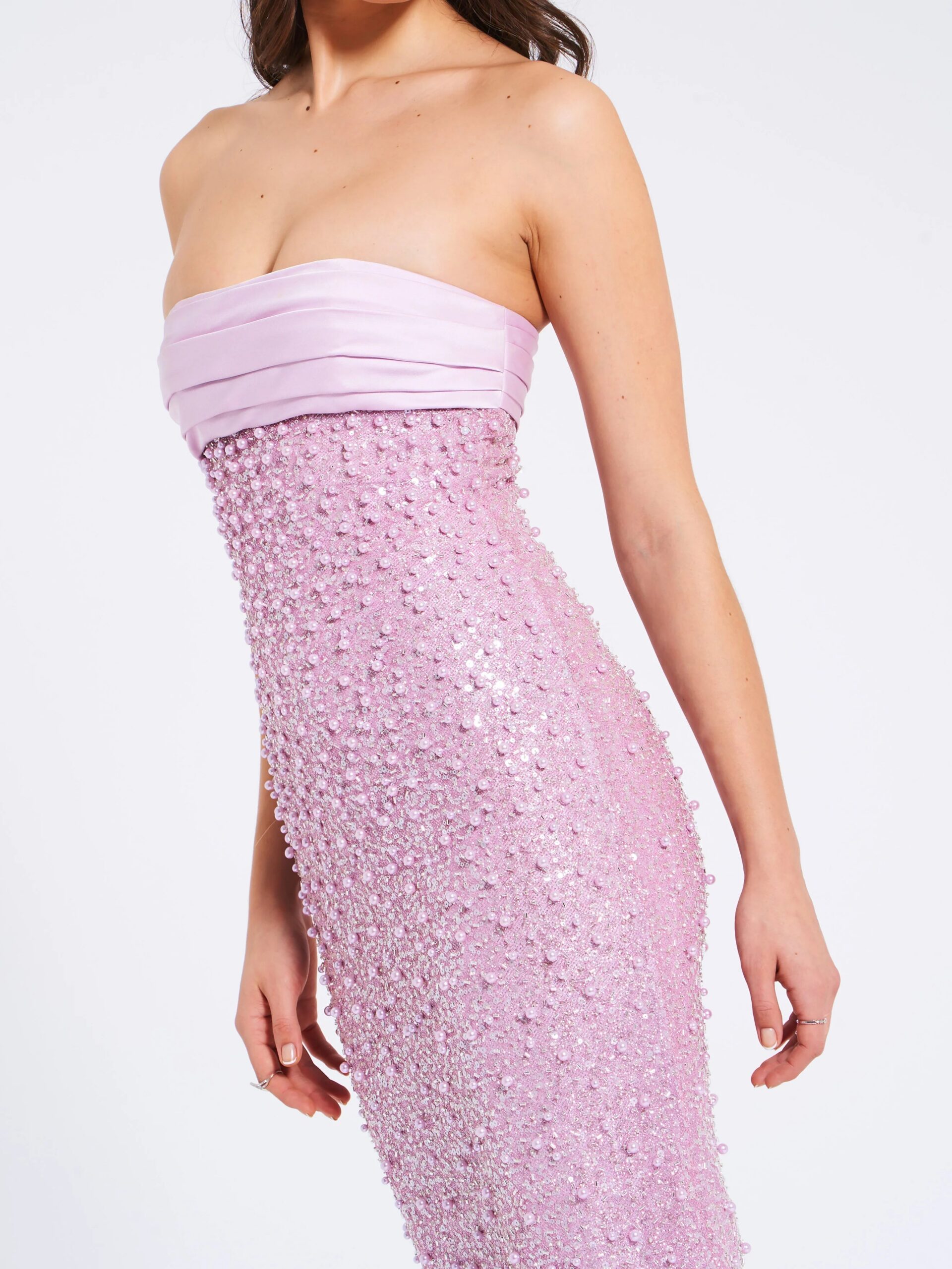 GLITTERING PINK SATIN BEADED MAXI DRESS