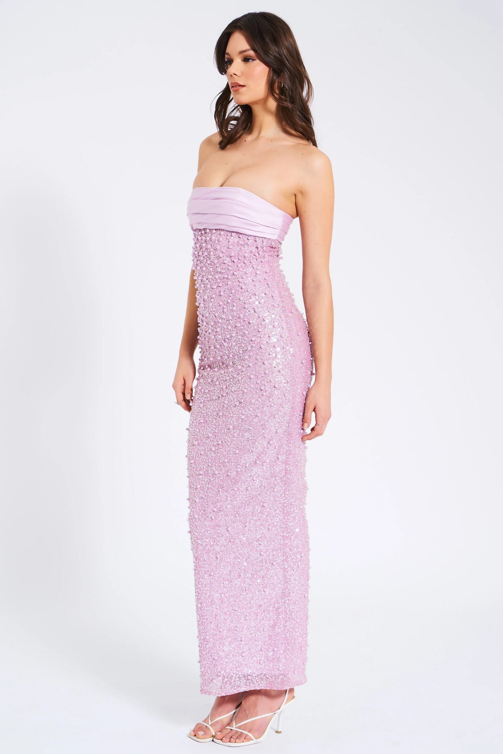 GLITTERING PINK SATIN BEADED MAXI DRESS