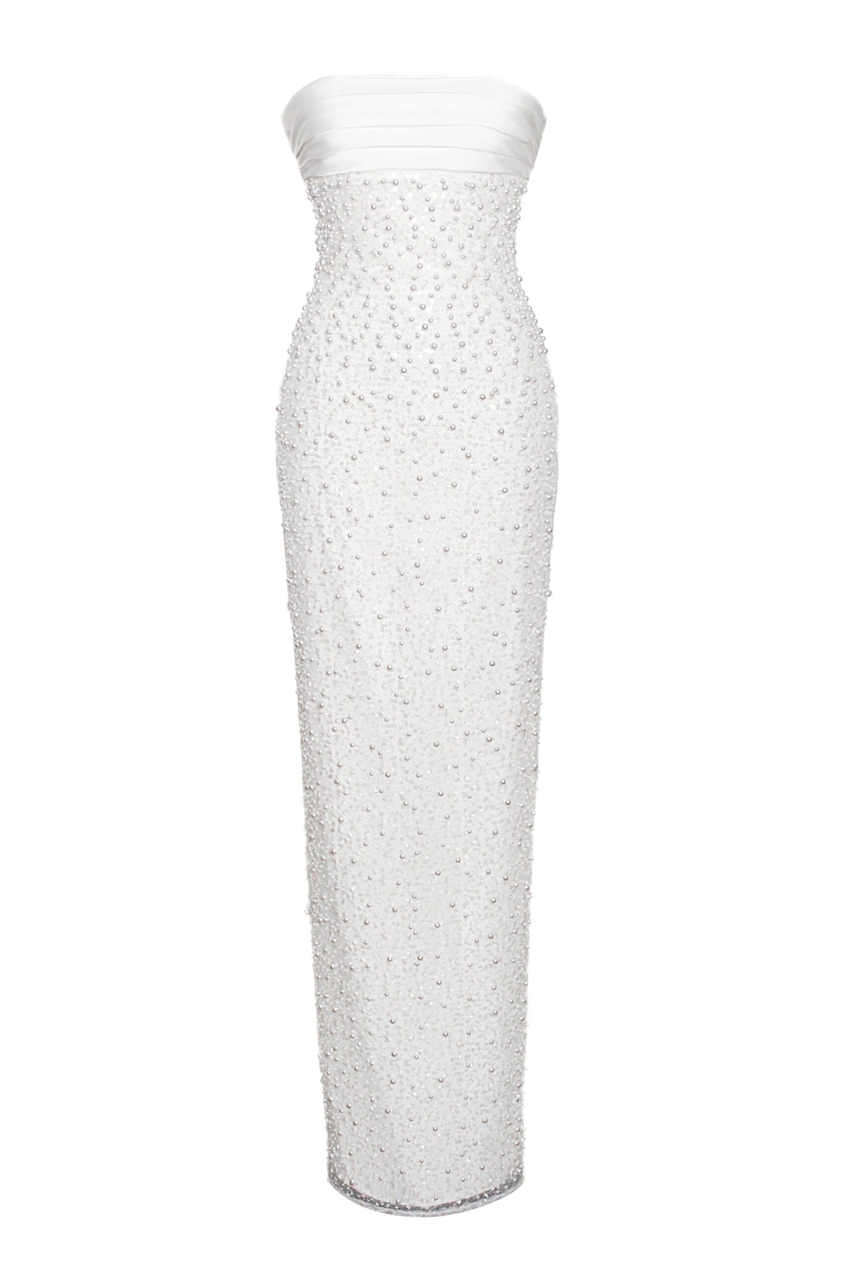 WHITE SATIN BEADED MAXI DRESS, PEARL SEQUIN FORMAL GOWN