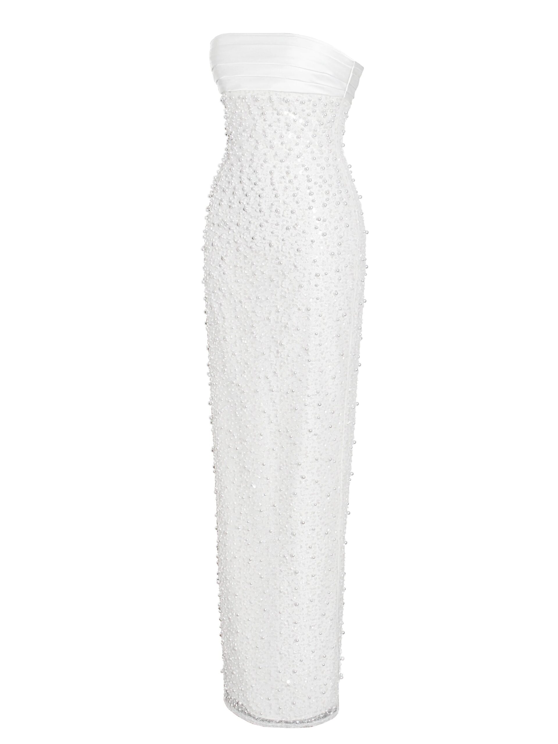 WHITE SATIN BEADED MAXI DRESS, PEARL SEQUIN FORMAL GOWN