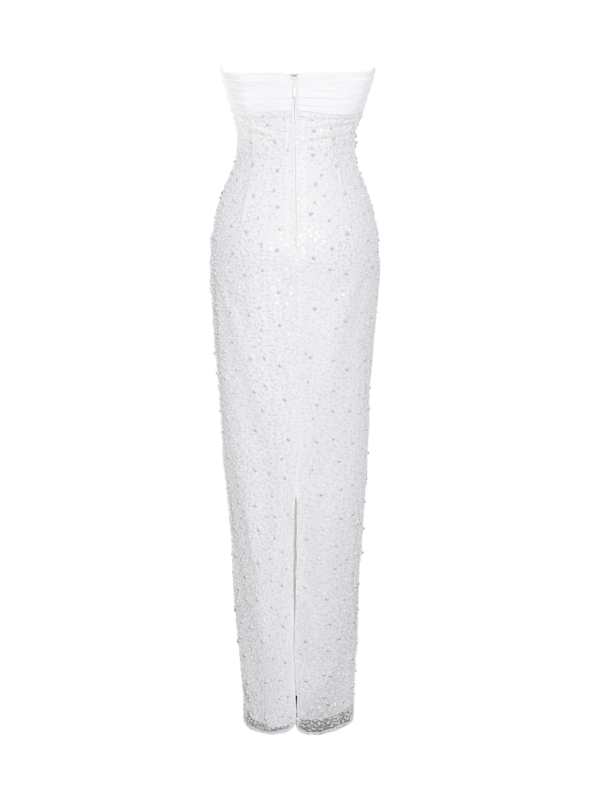 WHITE SATIN BEADED MAXI DRESS, PEARL SEQUIN FORMAL GOWN
