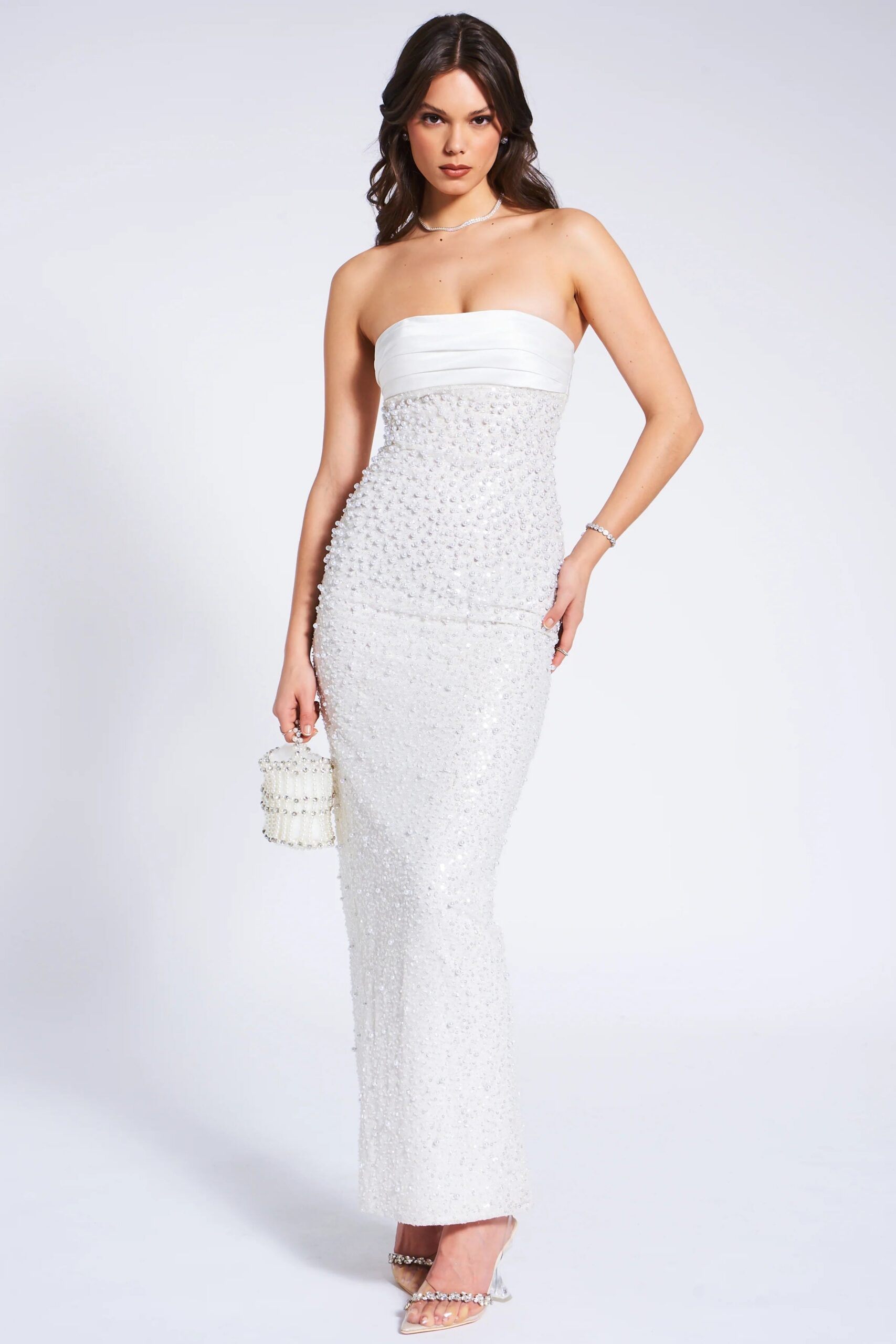 WHITE SATIN BEADED MAXI DRESS, PEARL SEQUIN FORMAL GOWN