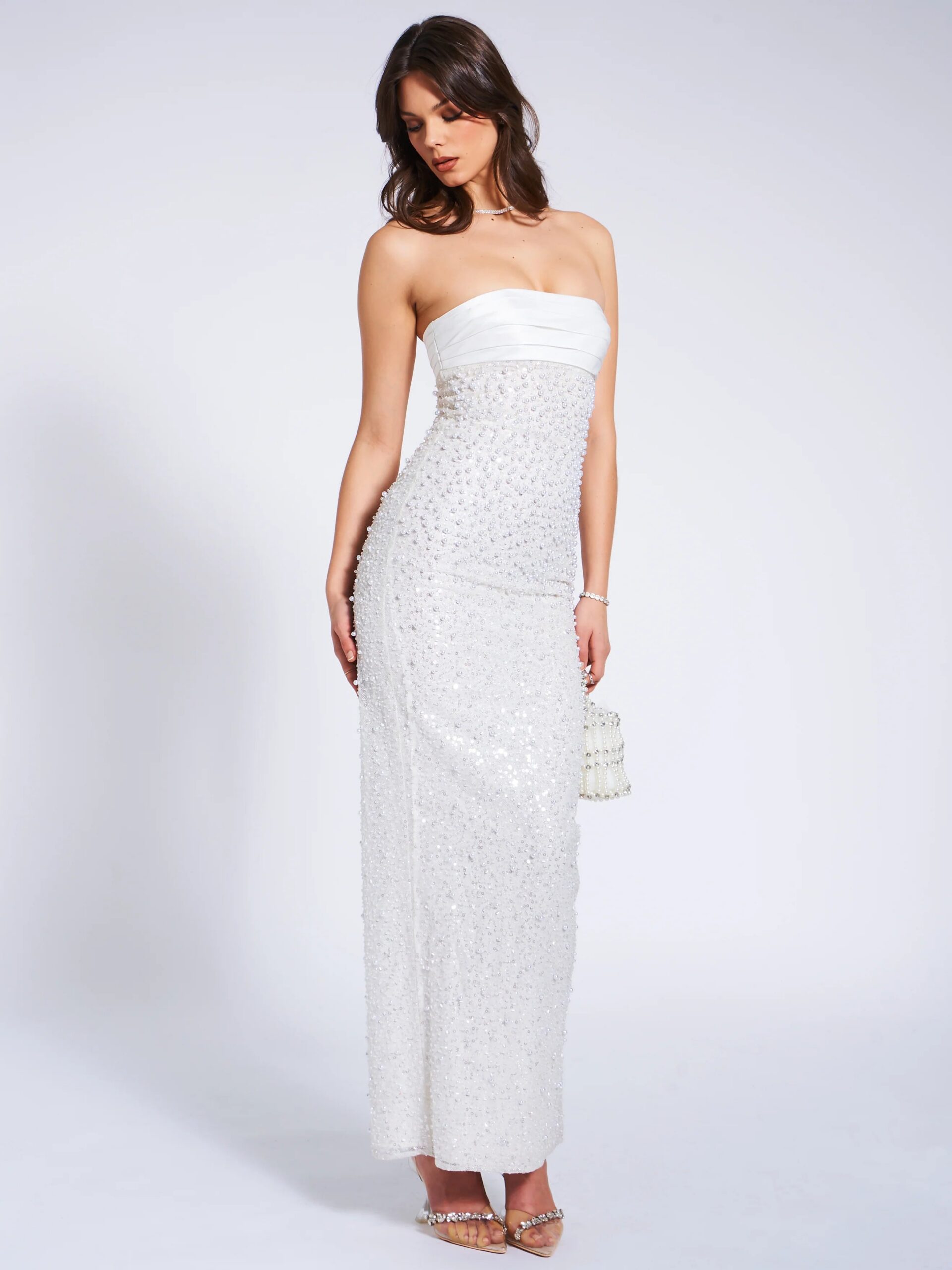 WHITE SATIN BEADED MAXI DRESS, PEARL SEQUIN FORMAL GOWN
