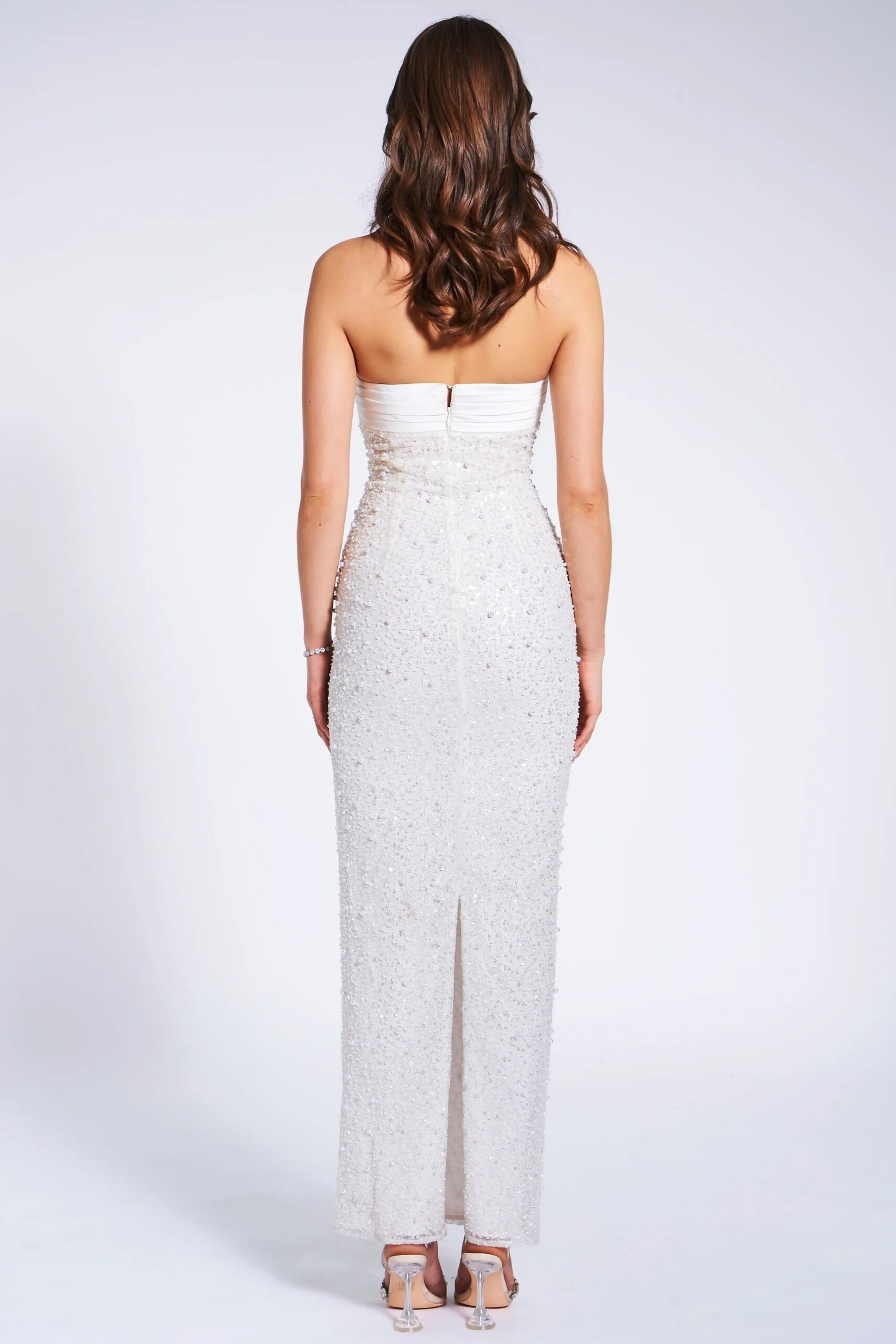 WHITE SATIN BEADED MAXI DRESS, PEARL SEQUIN FORMAL GOWN