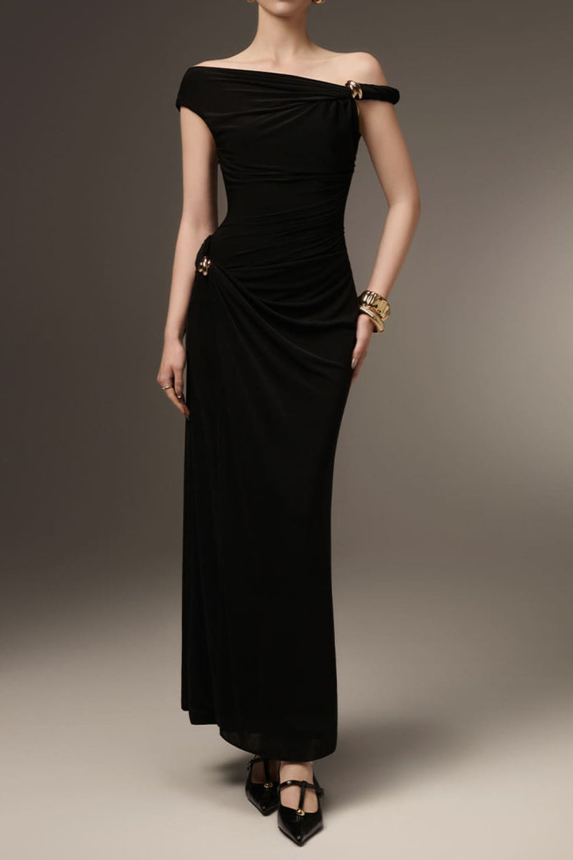 BLACK SHEATH DRESS, GATHERED SPANDEX, ANKLE-LENGTH COCKTAIL
