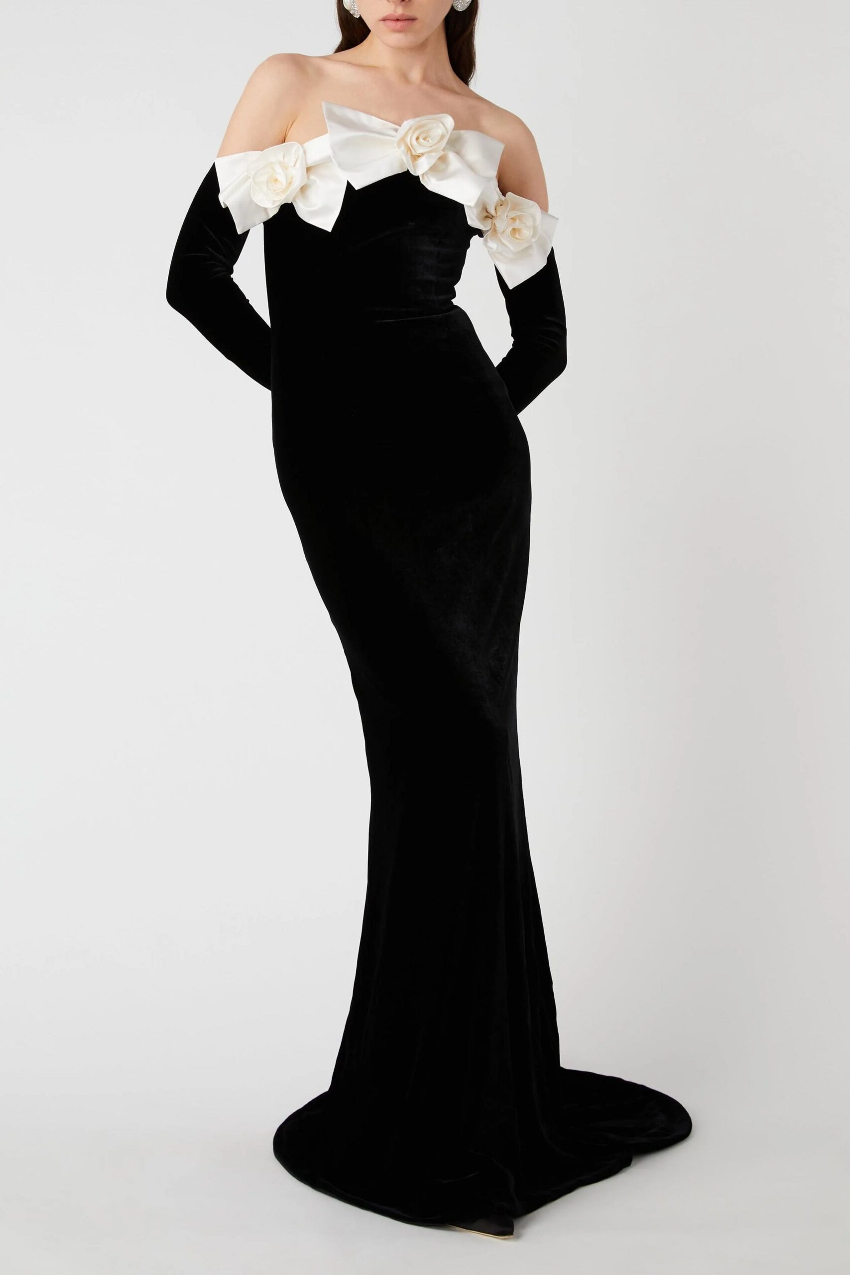LARA VELVET OFF-SHOULDER MAXI DRESS WITH BOWTIE