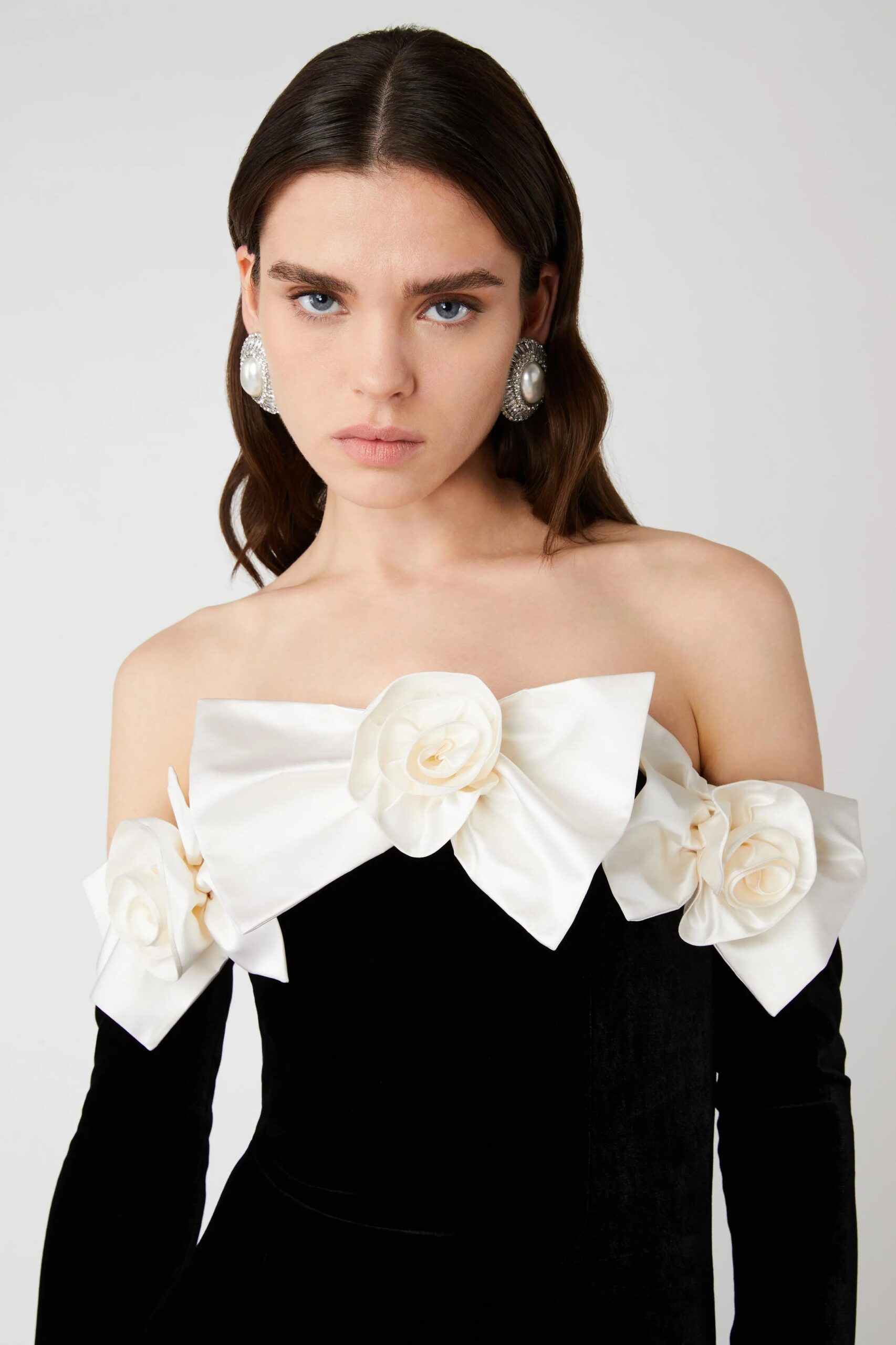 LARA VELVET OFF-SHOULDER MAXI DRESS WITH BOWTIE