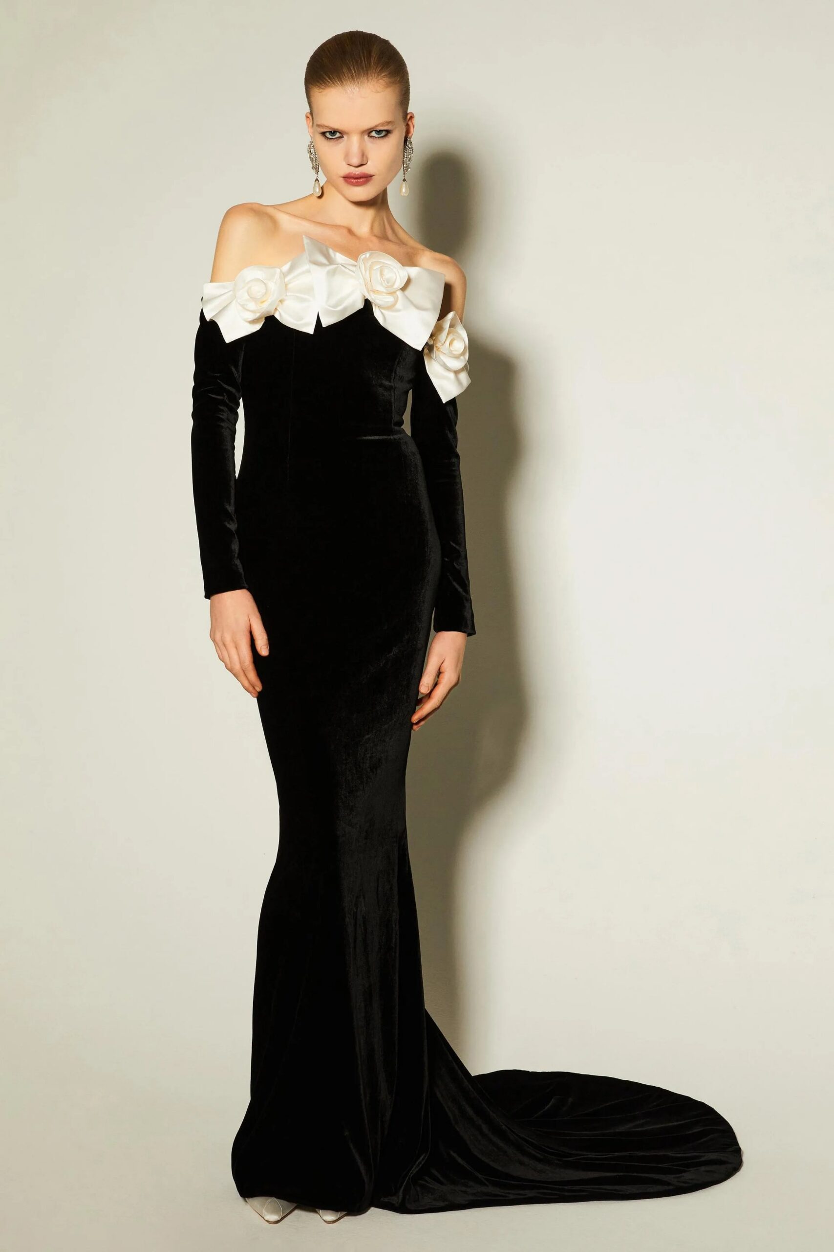 LARA VELVET OFF-SHOULDER MAXI DRESS WITH BOWTIE