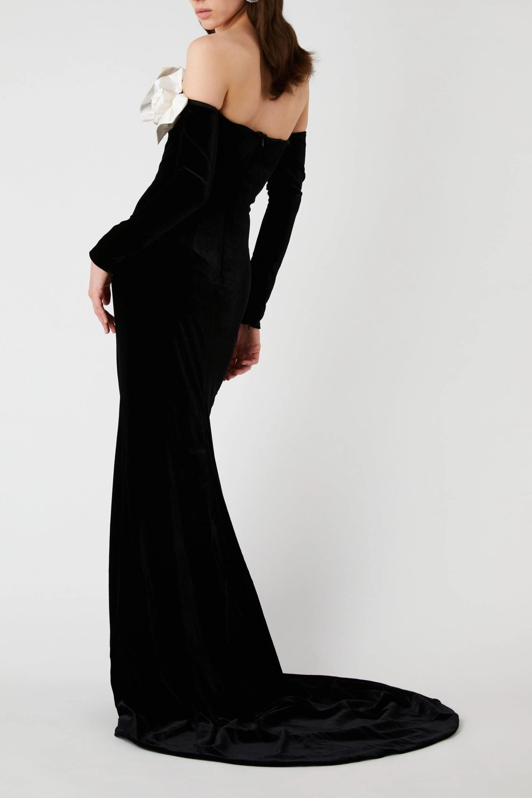 LARA VELVET OFF-SHOULDER MAXI DRESS WITH BOWTIE