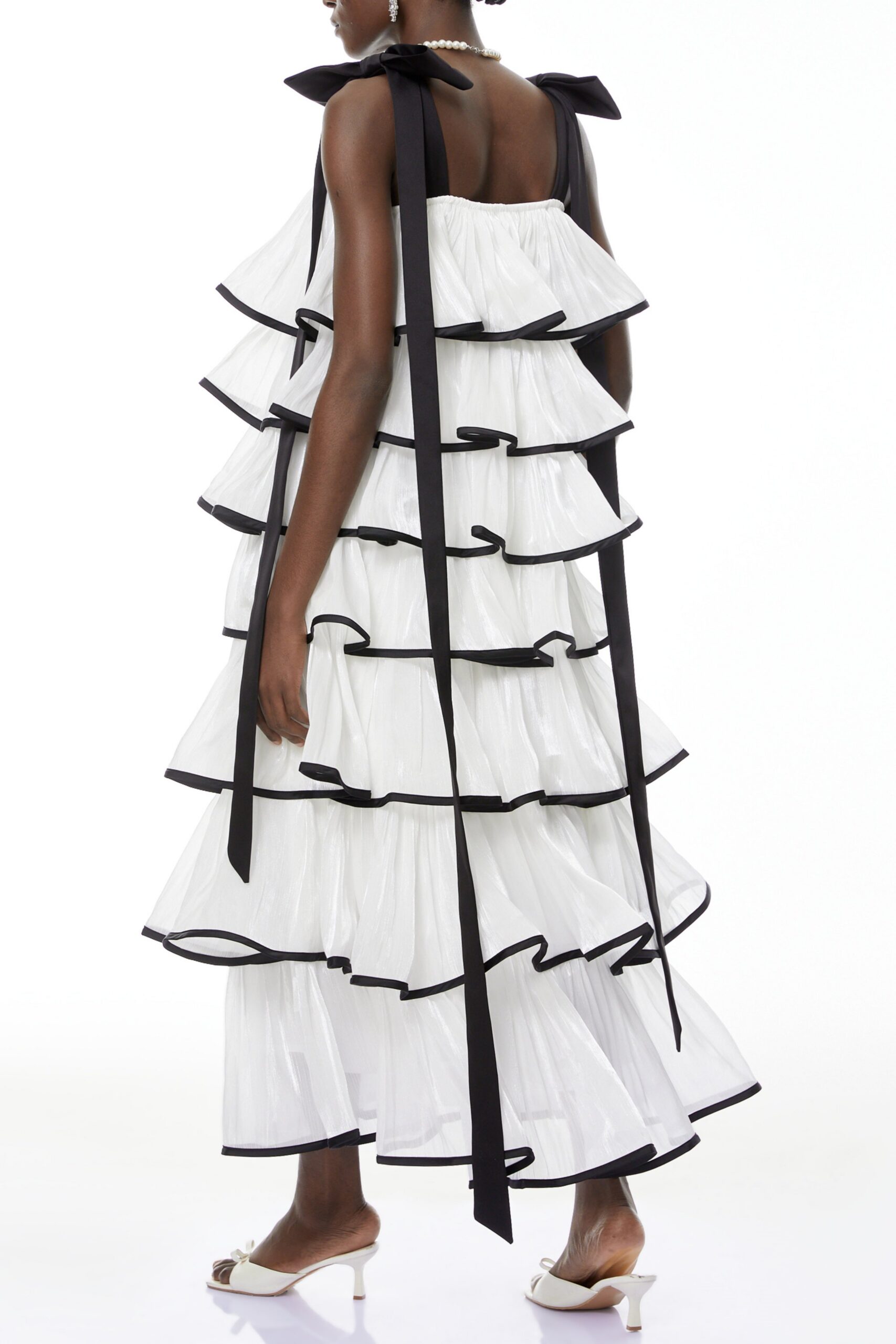 WHITE LAYER RUFFLED MAXI DRESS WITH BOWS