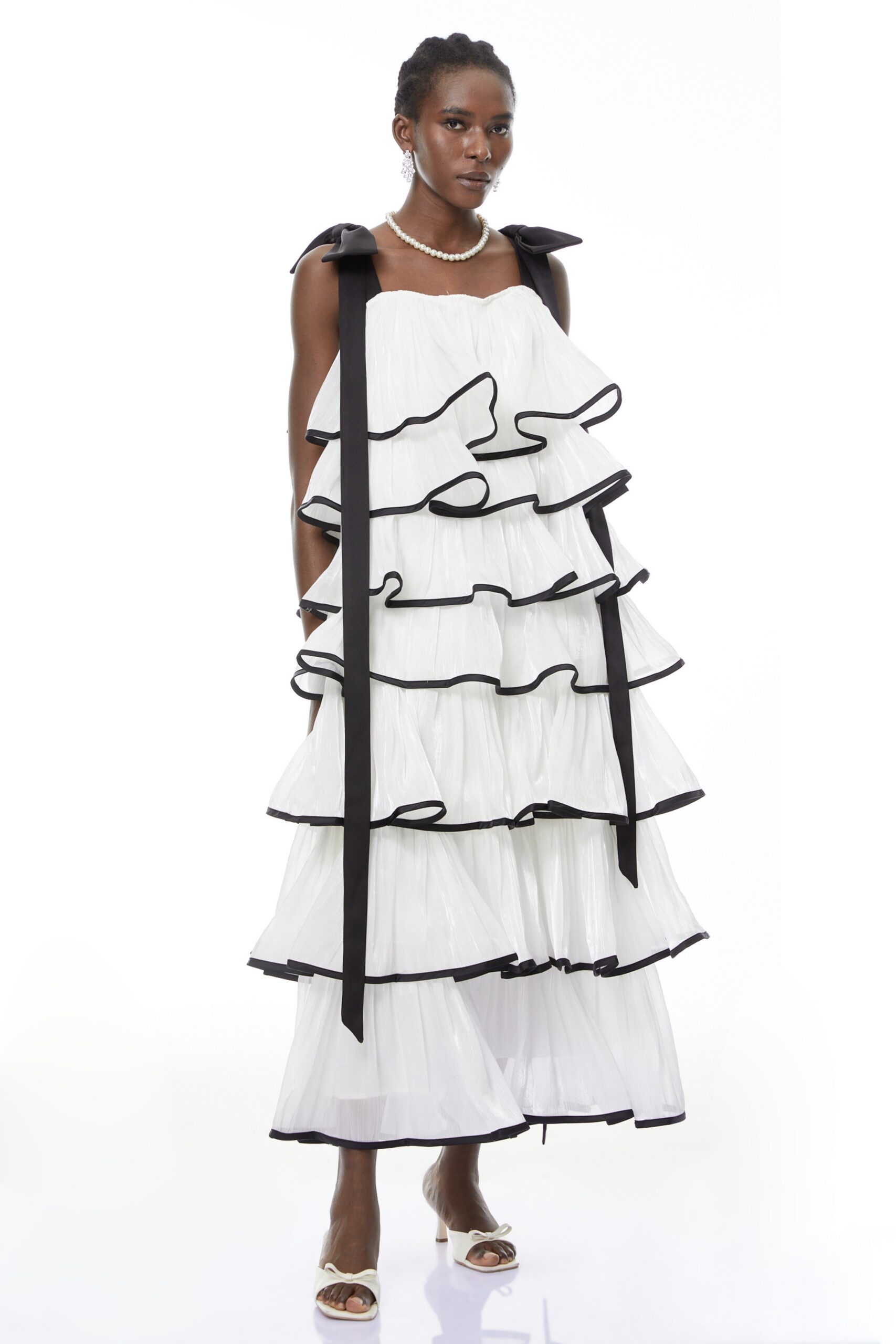 WHITE LAYER RUFFLED MAXI DRESS WITH BOWS