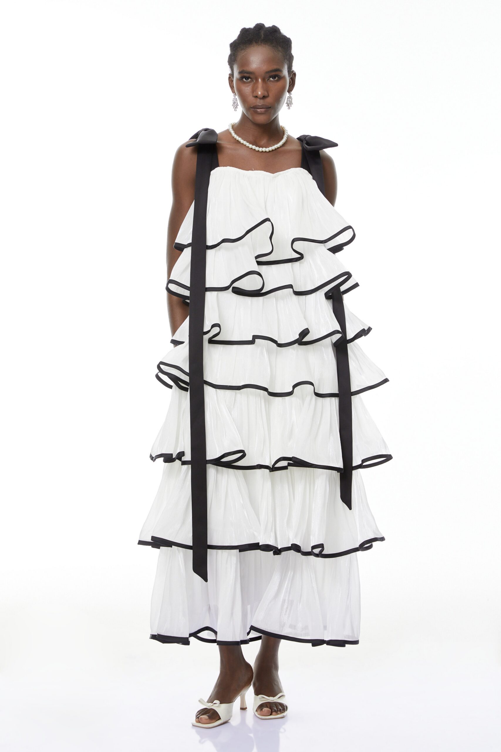 WHITE LAYER RUFFLED MAXI DRESS WITH BOWS