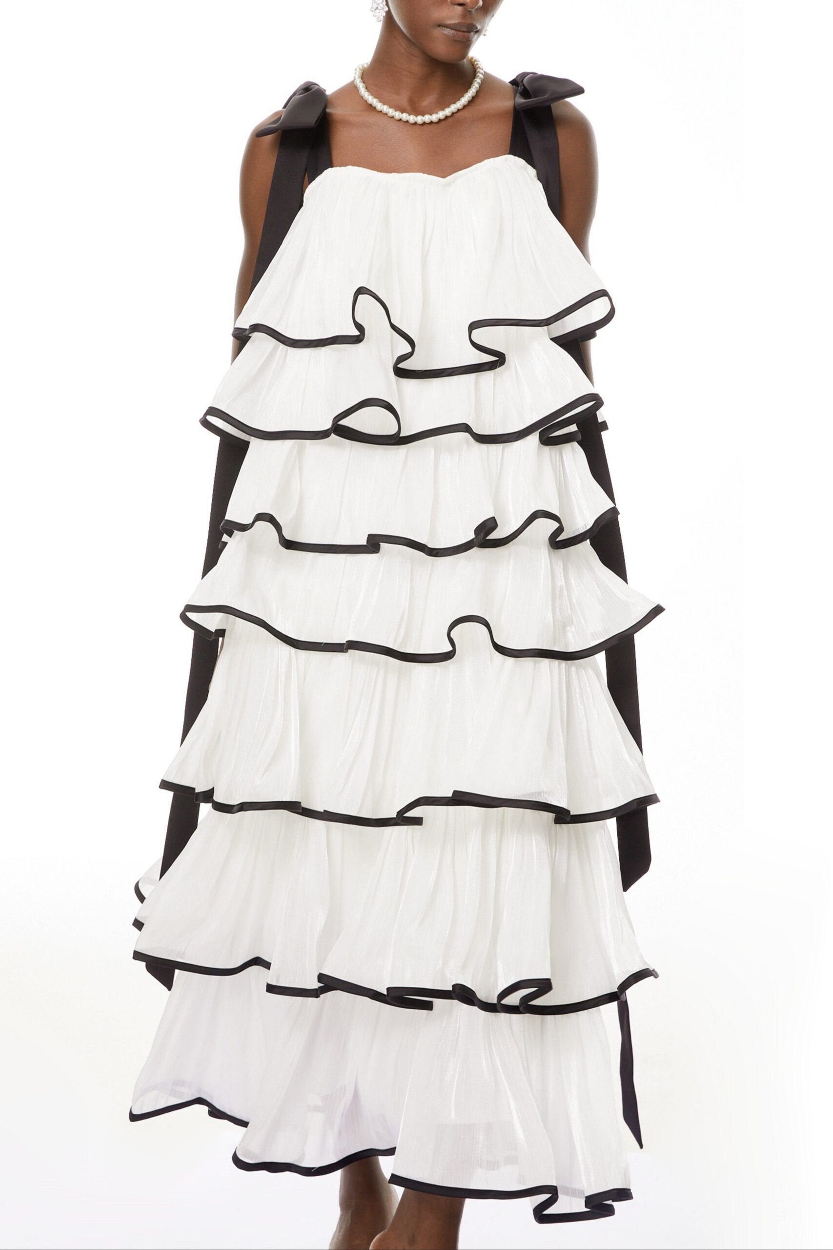 WHITE LAYER RUFFLED MAXI DRESS WITH BOWS